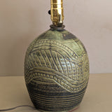 Vintage Green Incised Signed Studio Pottery Lamp