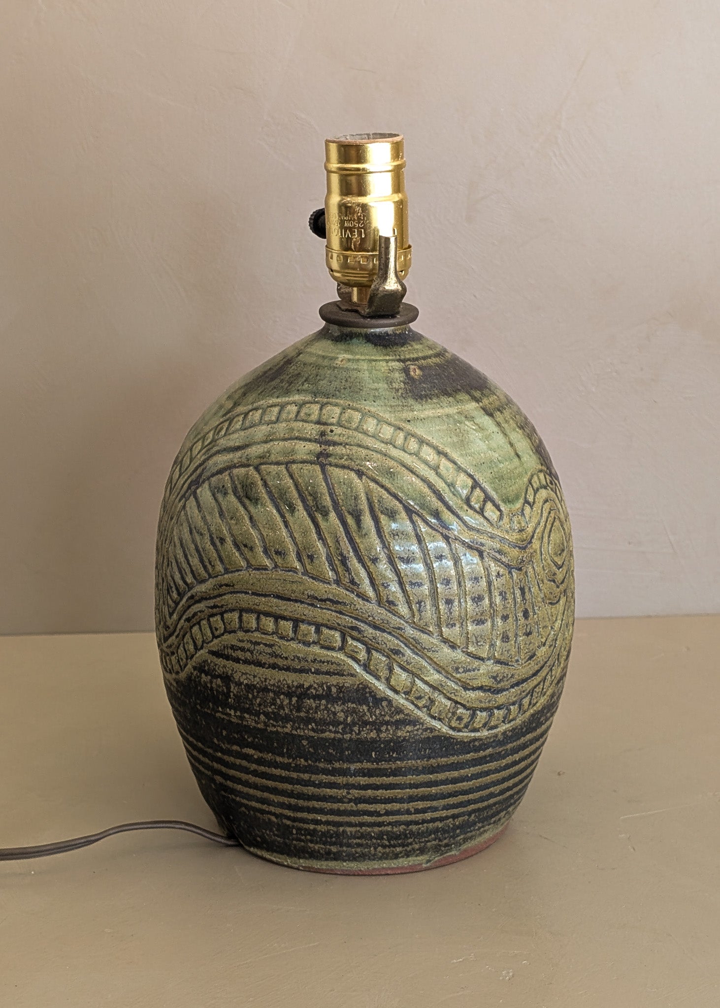 Vintage Green Incised Signed Studio Pottery Lamp