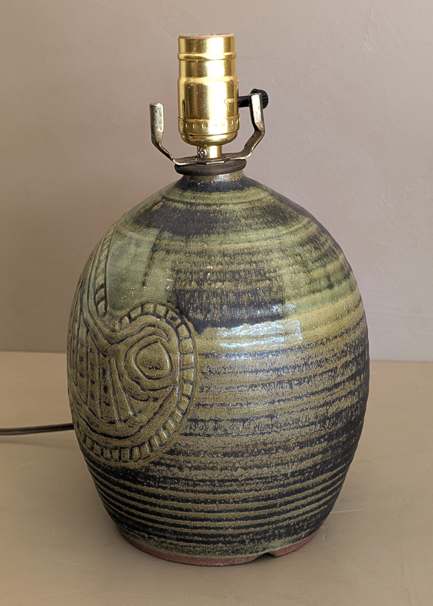 Vintage Green Incised Signed Studio Pottery Lamp