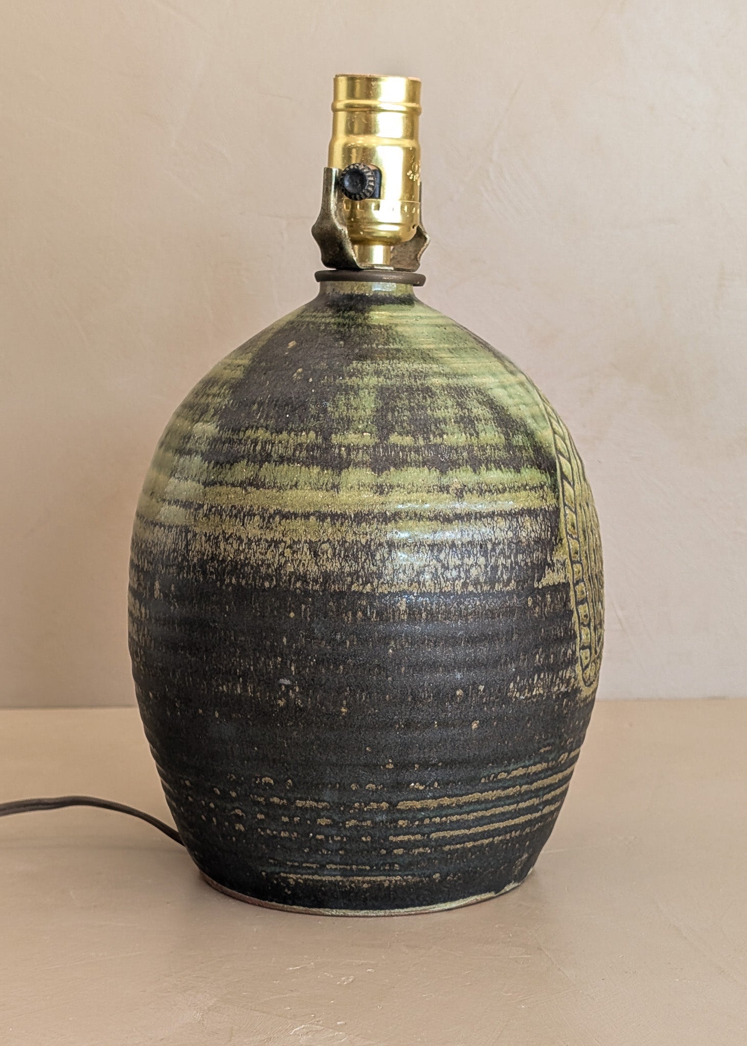 Vintage Green Incised Signed Studio Pottery Lamp