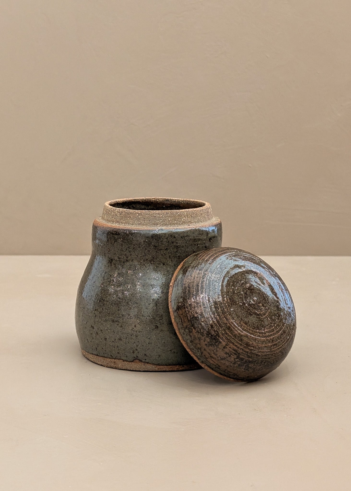 Vintage Neutral Lidded Signed Studio Pottery Vessel