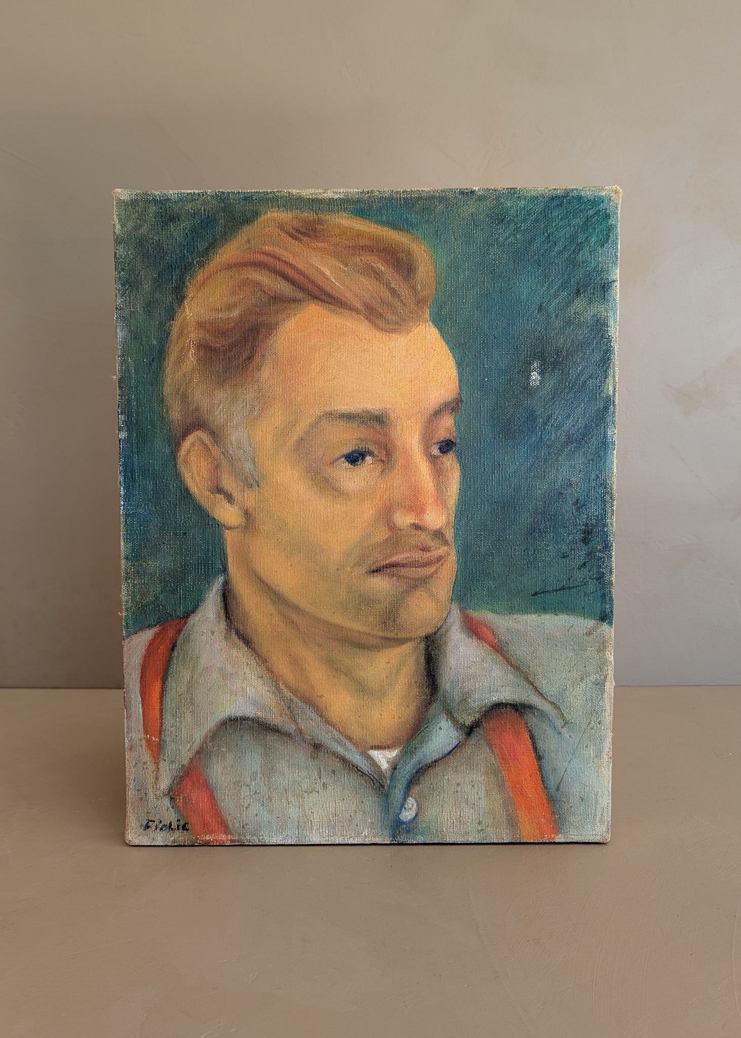 Vintage 1940s WPA-Attributed Portrait of a Man with Green Background by Fiolic