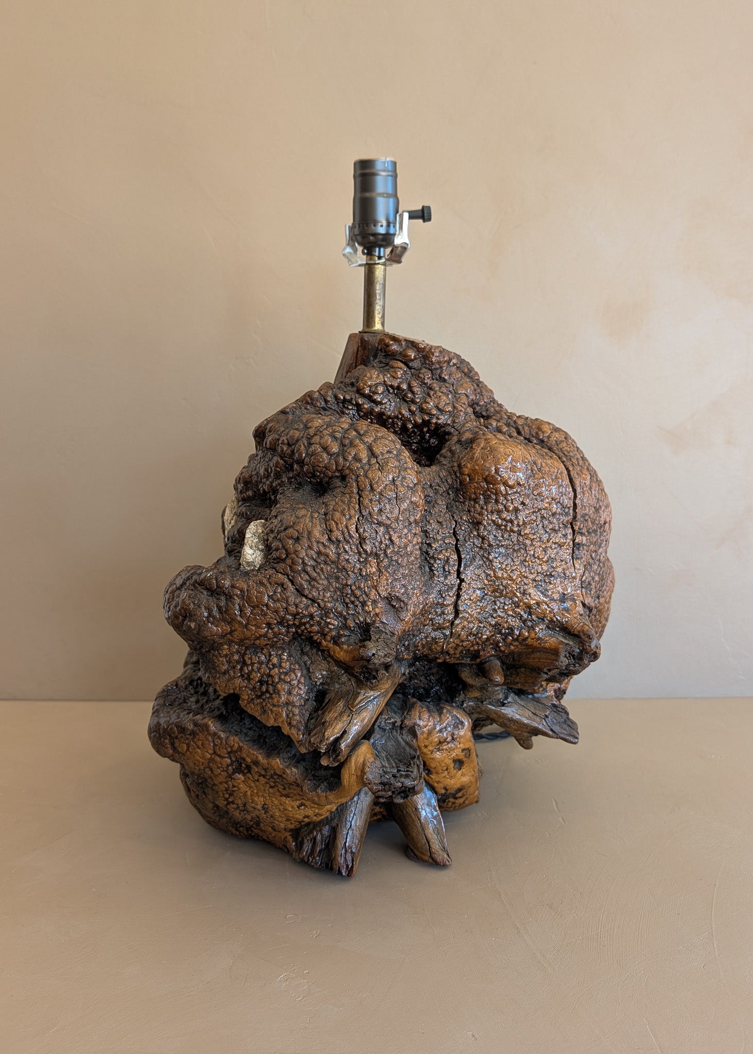 Unique Vintage Burl Lamp with Stone Inclusions