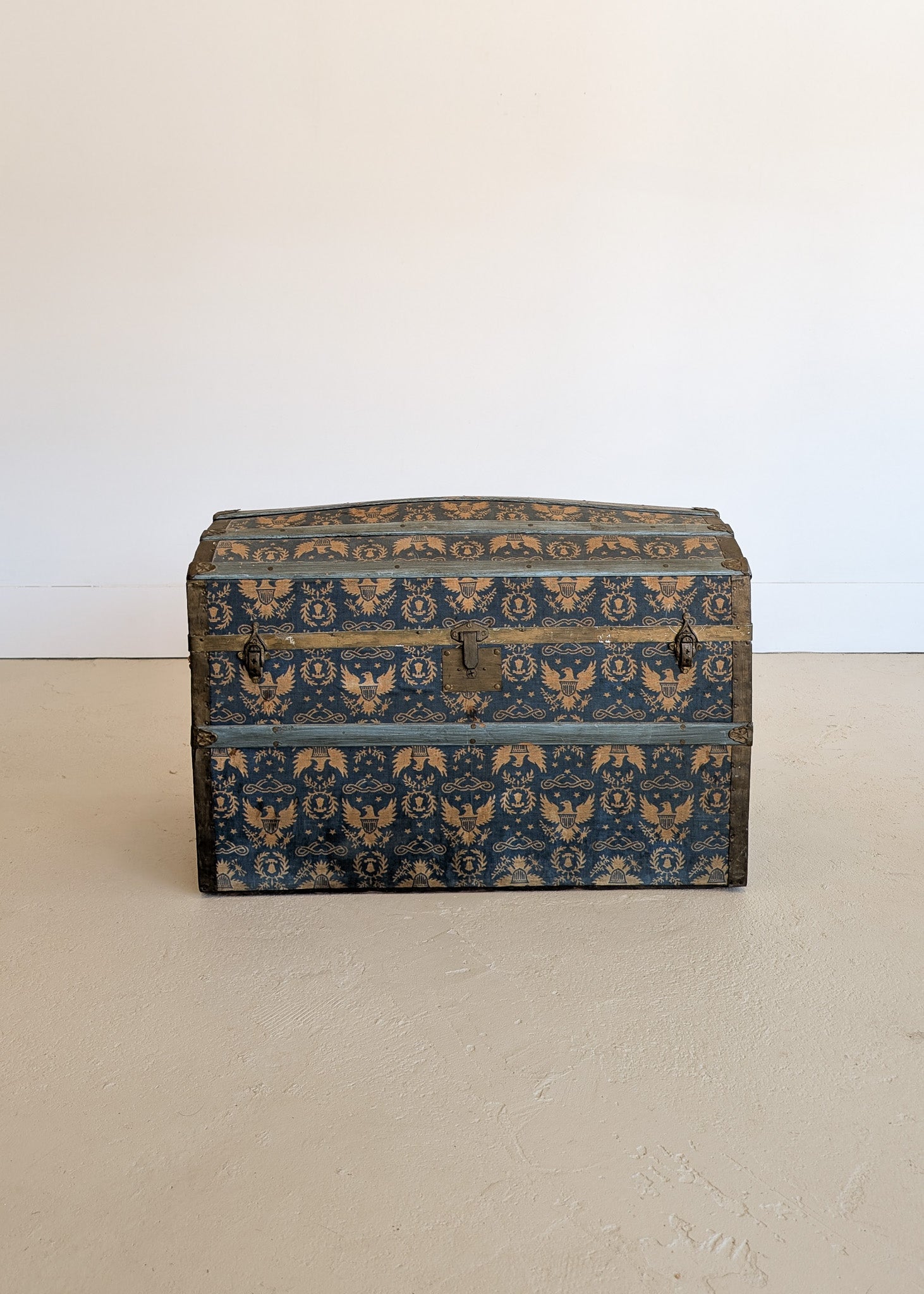 Antique Americana Blue and White Eagle Fabric-Covered Dome Top Steamer Trunk with Leather Handles