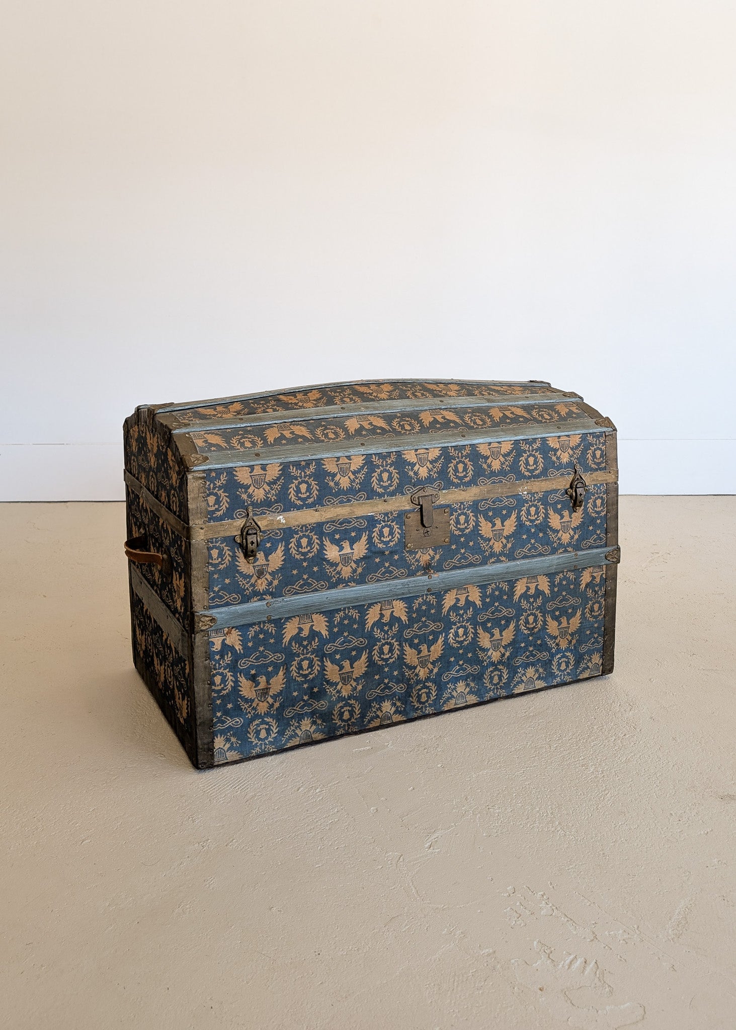Antique Americana Blue and White Eagle Fabric-Covered Dome Top Steamer Trunk with Leather Handles