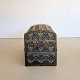 Antique Americana Blue and White Eagle Fabric-Covered Dome Top Steamer Trunk with Leather Handles