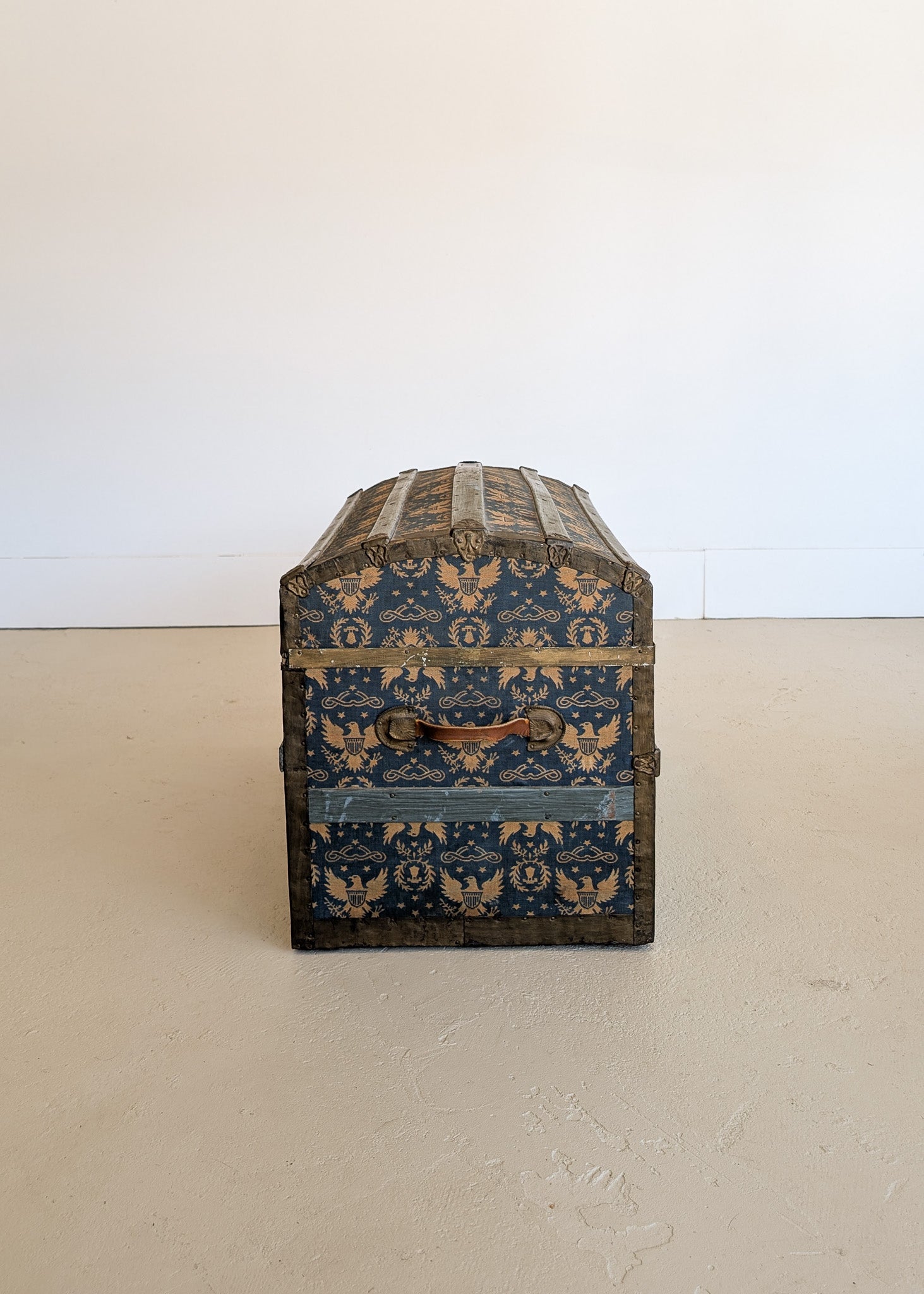 Antique Americana Blue and White Eagle Fabric-Covered Dome Top Steamer Trunk with Leather Handles