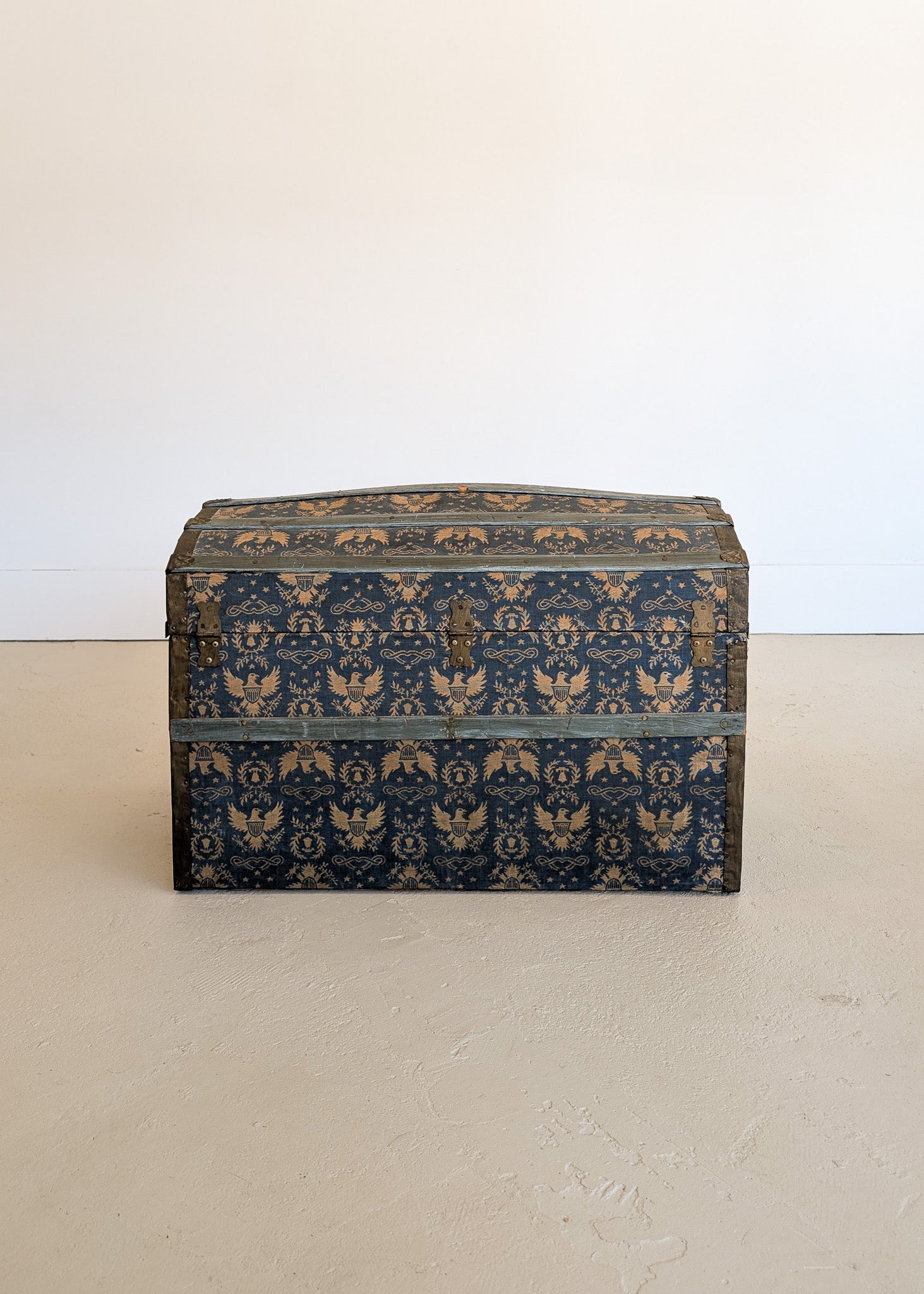 Antique Americana Blue and White Eagle Fabric-Covered Dome Top Steamer Trunk with Leather Handles