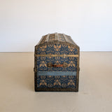 Antique Americana Blue and White Eagle Fabric-Covered Dome Top Steamer Trunk with Leather Handles