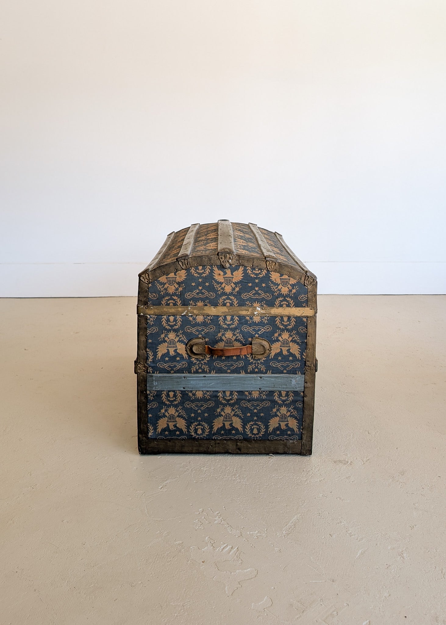Antique Americana Blue and White Eagle Fabric-Covered Dome Top Steamer Trunk with Leather Handles