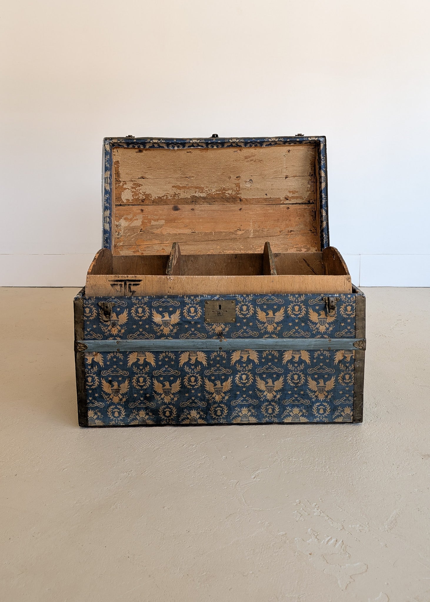 Antique Americana Blue and White Eagle Fabric-Covered Dome Top Steamer Trunk with Leather Handles