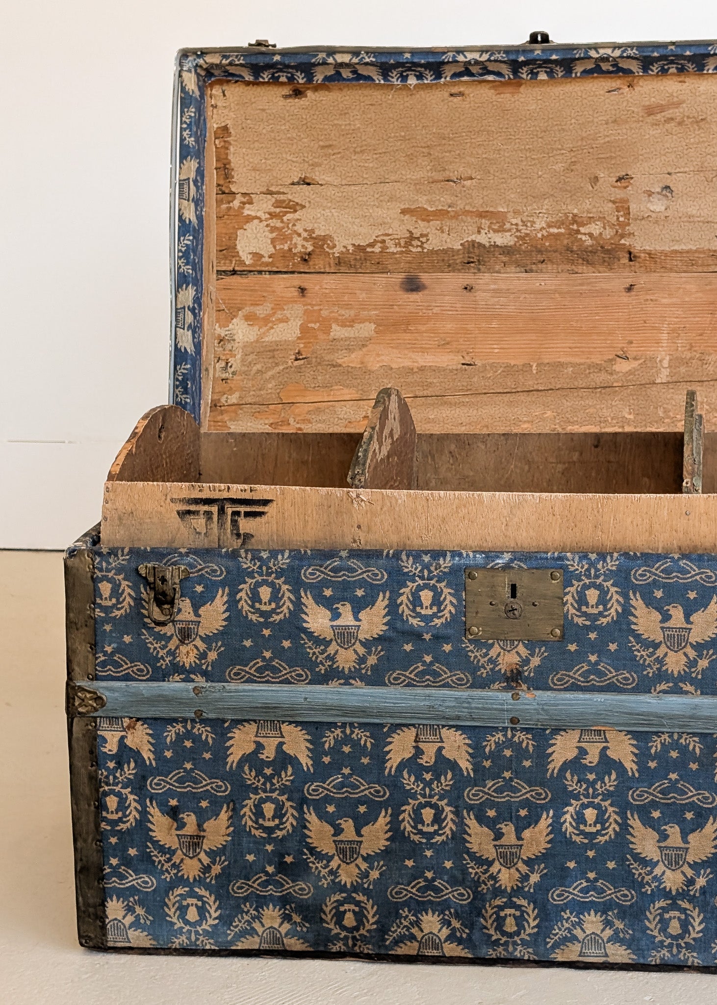 Antique Americana Blue and White Eagle Fabric-Covered Dome Top Steamer Trunk with Leather Handles