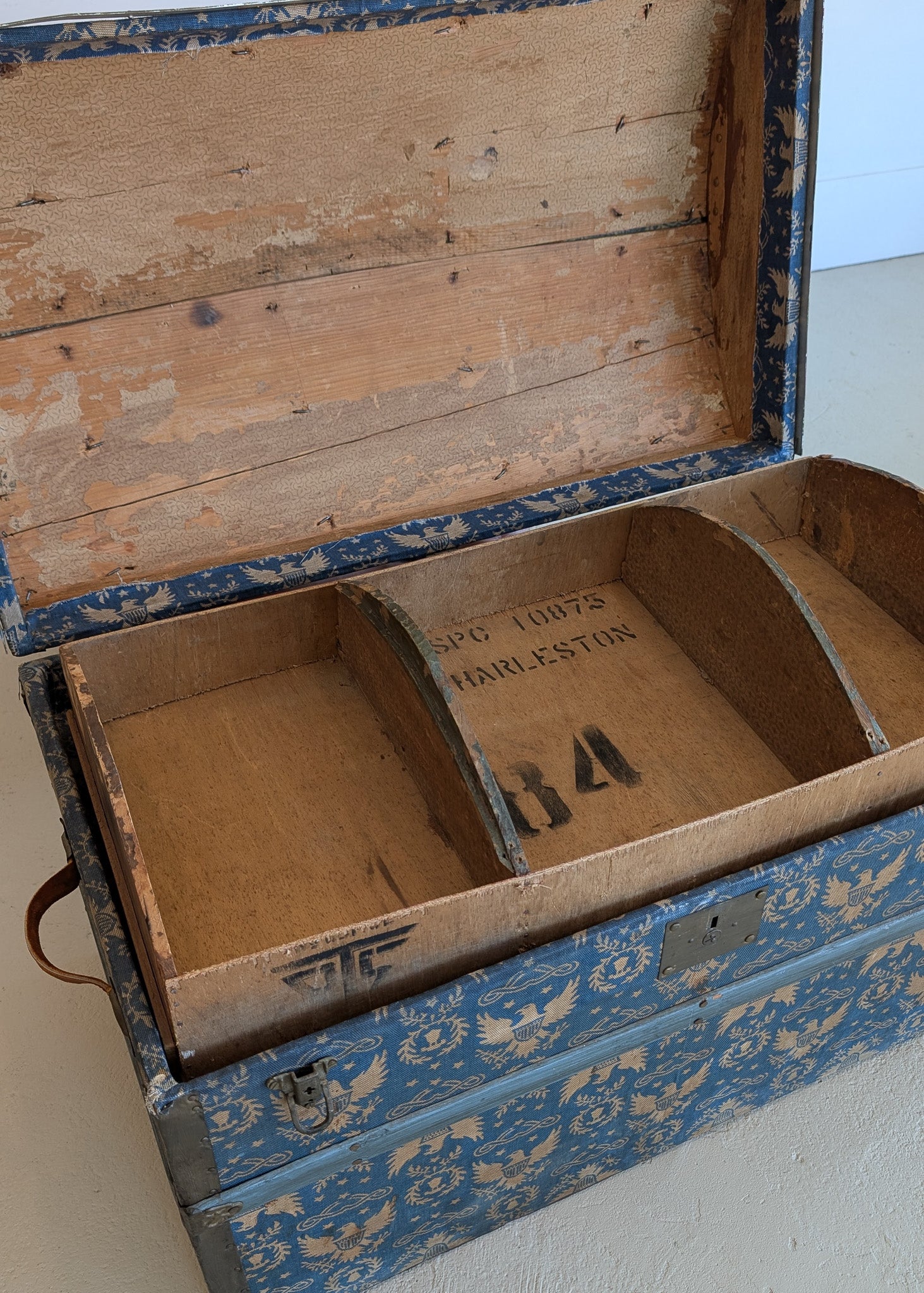 Antique Americana Blue and White Eagle Fabric-Covered Dome Top Steamer Trunk with Leather Handles
