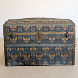 Antique Americana Blue and White Eagle Fabric-Covered Dome Top Steamer Trunk with Leather Handles