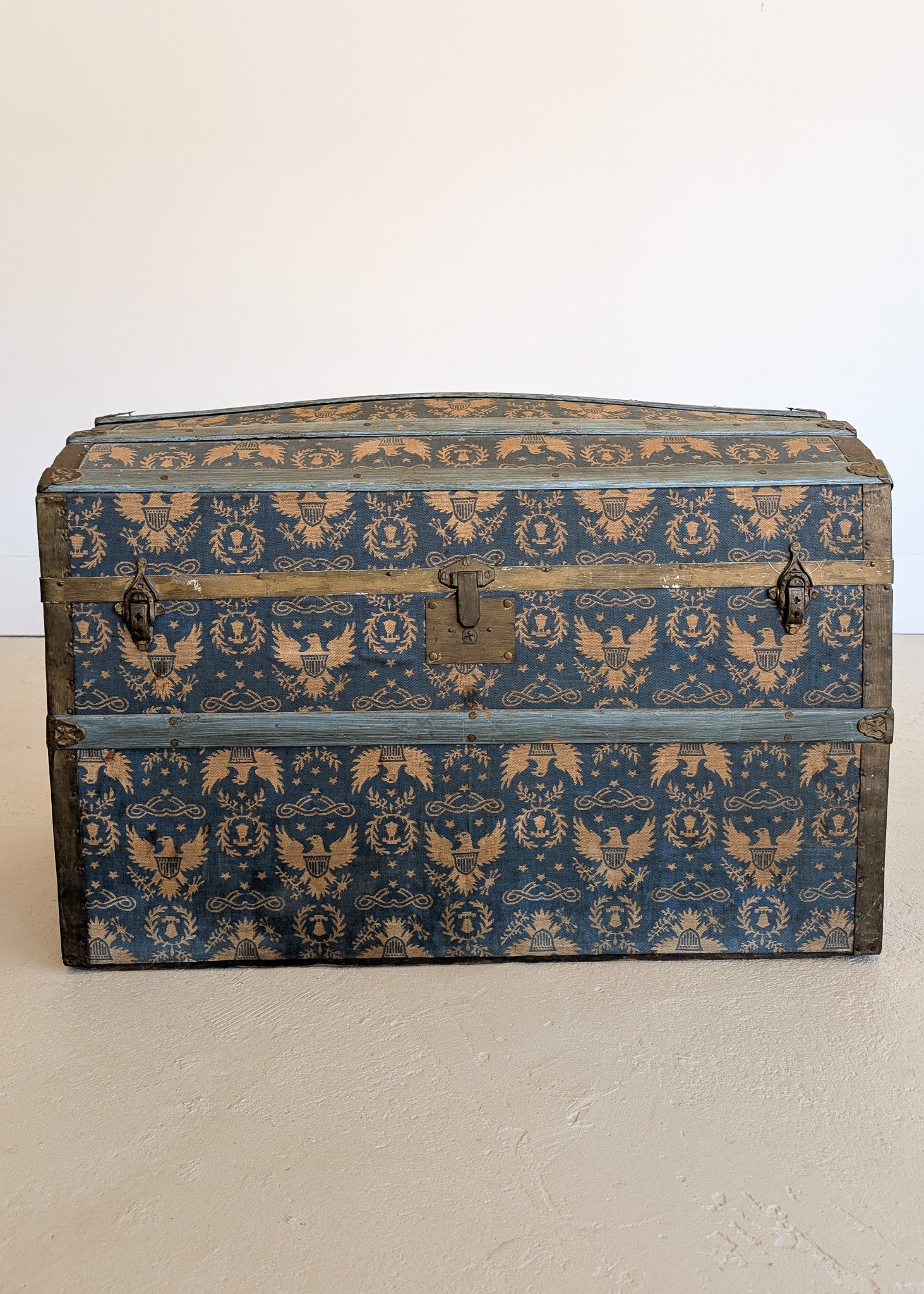 Antique Americana Blue and White Eagle Fabric-Covered Dome Top Steamer Trunk with Leather Handles