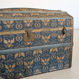 Antique Americana Blue and White Eagle Fabric-Covered Dome Top Steamer Trunk with Leather Handles
