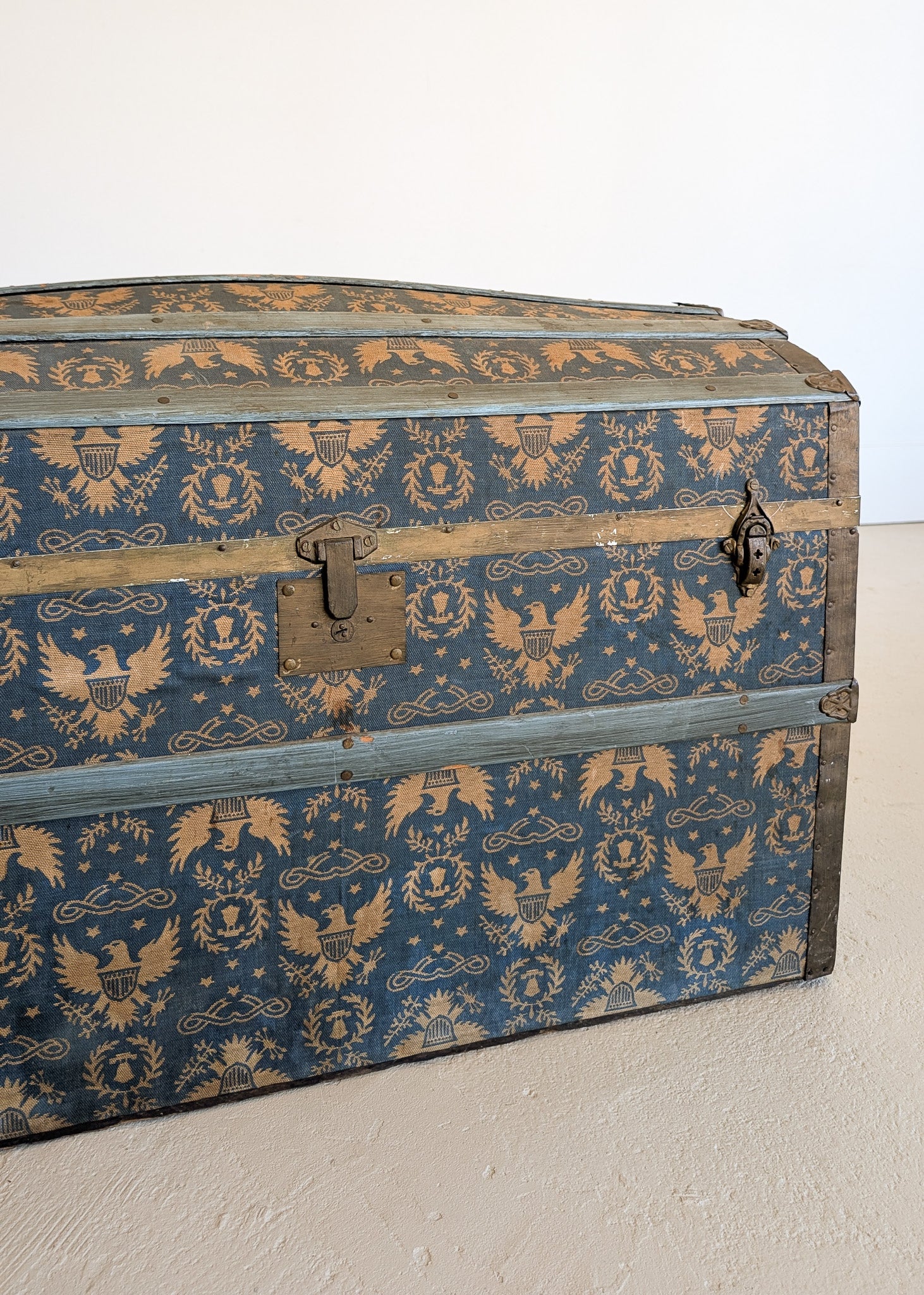 Antique Americana Blue and White Eagle Fabric-Covered Dome Top Steamer Trunk with Leather Handles