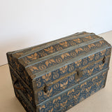Antique Americana Blue and White Eagle Fabric-Covered Dome Top Steamer Trunk with Leather Handles