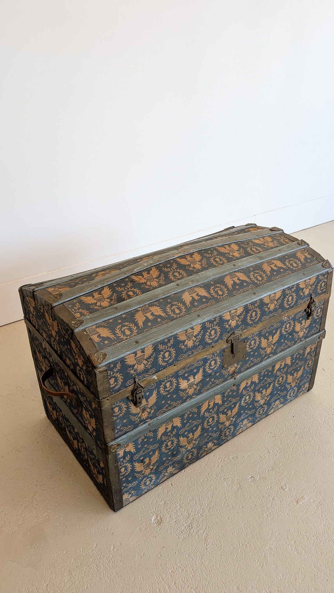 Antique Americana Blue and White Eagle Fabric-Covered Dome Top Steamer Trunk with Leather Handles