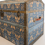Antique Americana Blue and White Eagle Fabric-Covered Dome Top Steamer Trunk with Leather Handles