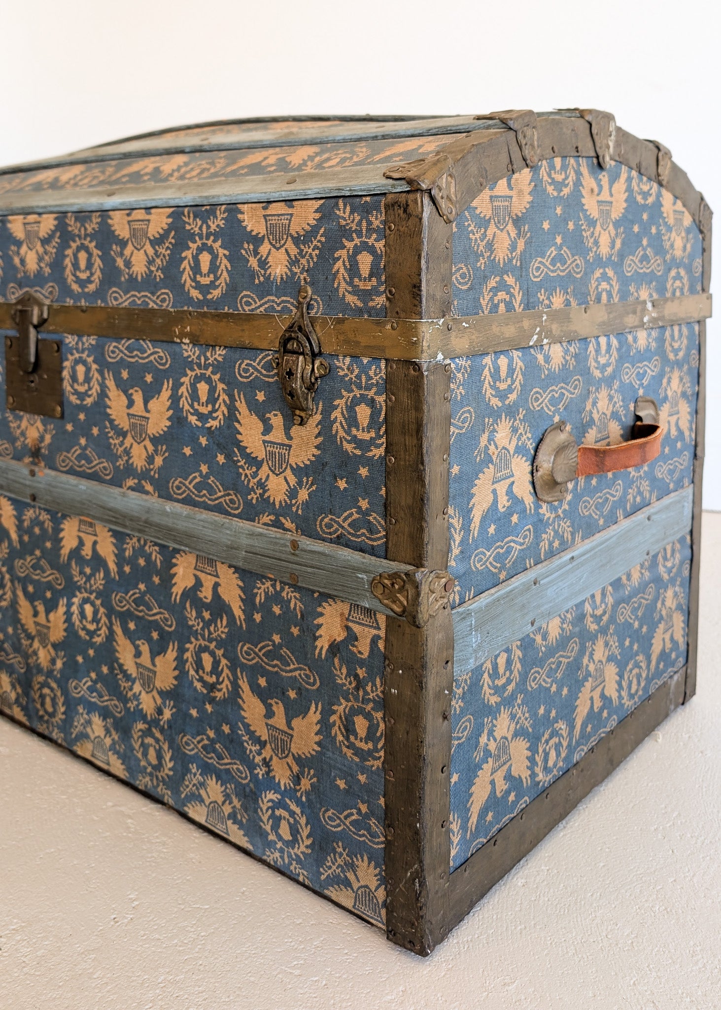 Antique Americana Blue and White Eagle Fabric-Covered Dome Top Steamer Trunk with Leather Handles