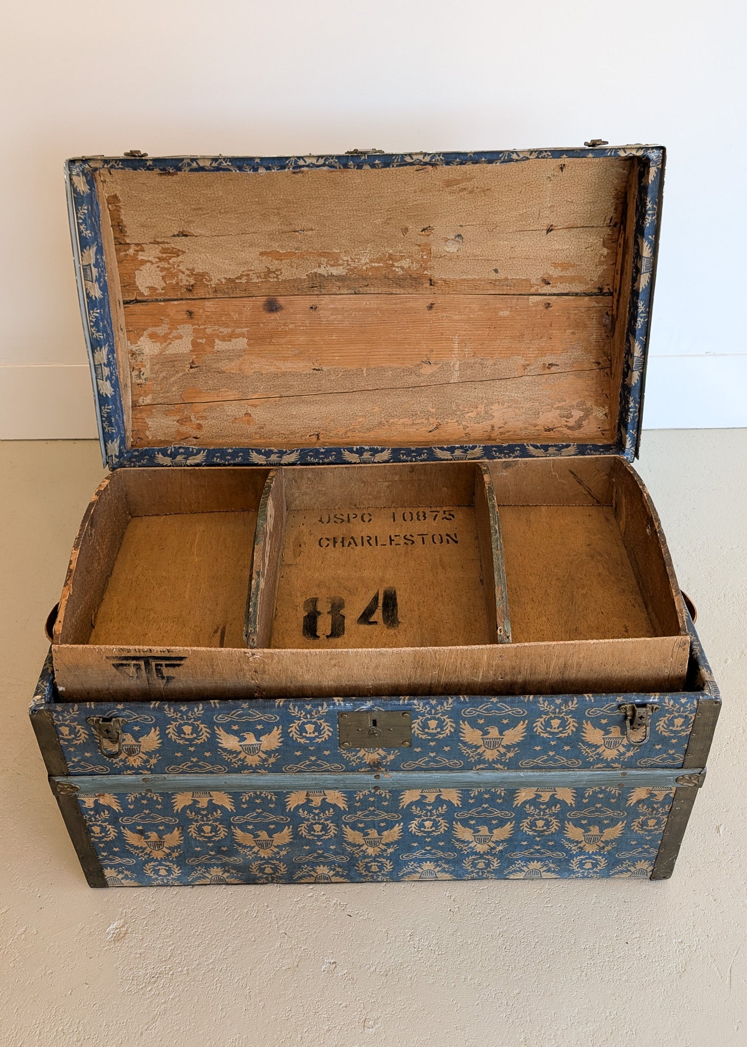Antique Americana Blue and White Eagle Fabric-Covered Dome Top Steamer Trunk with Leather Handles