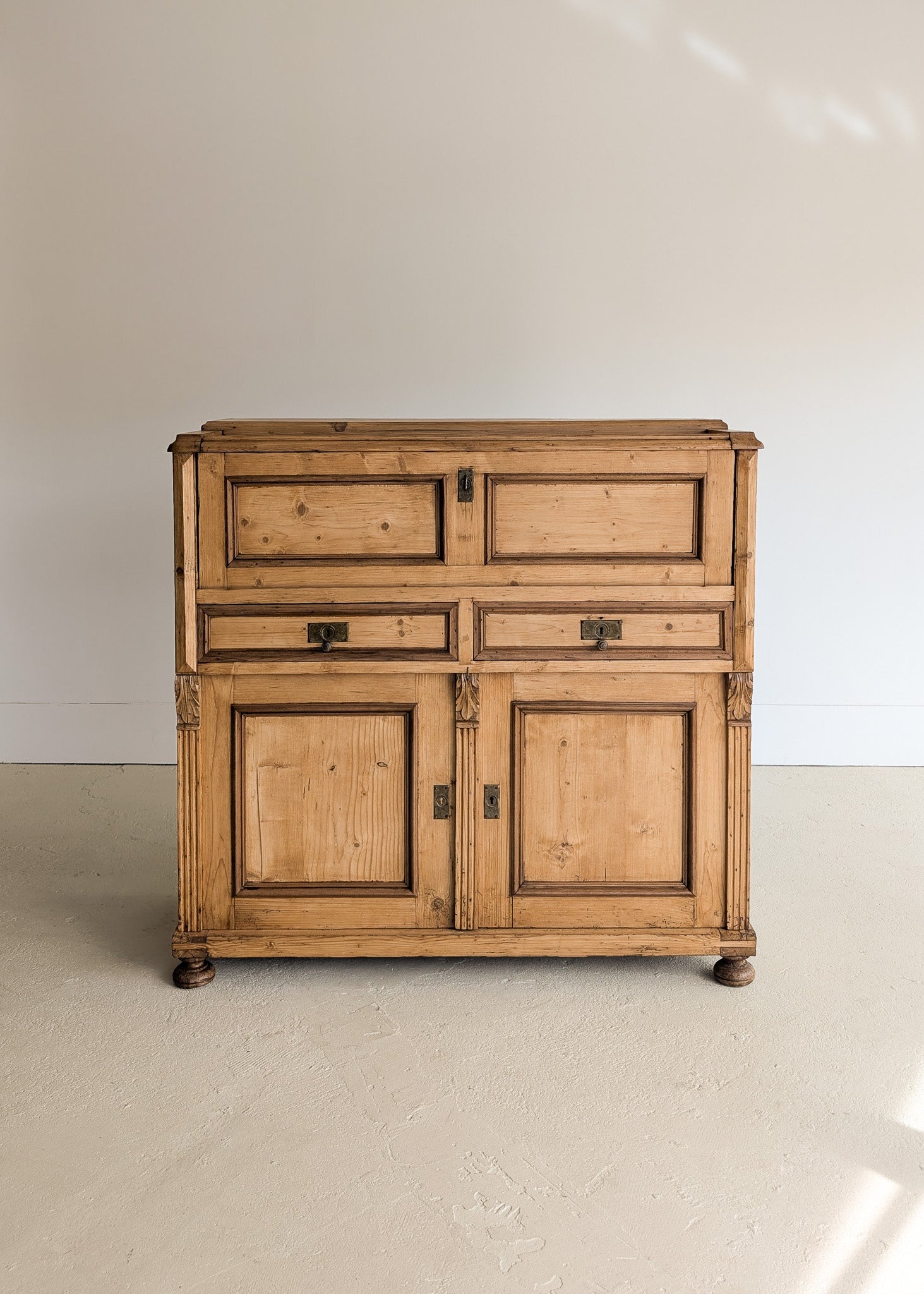 Antique European Pine Secretary with Two-Tone Trim and Original Skeleton Key