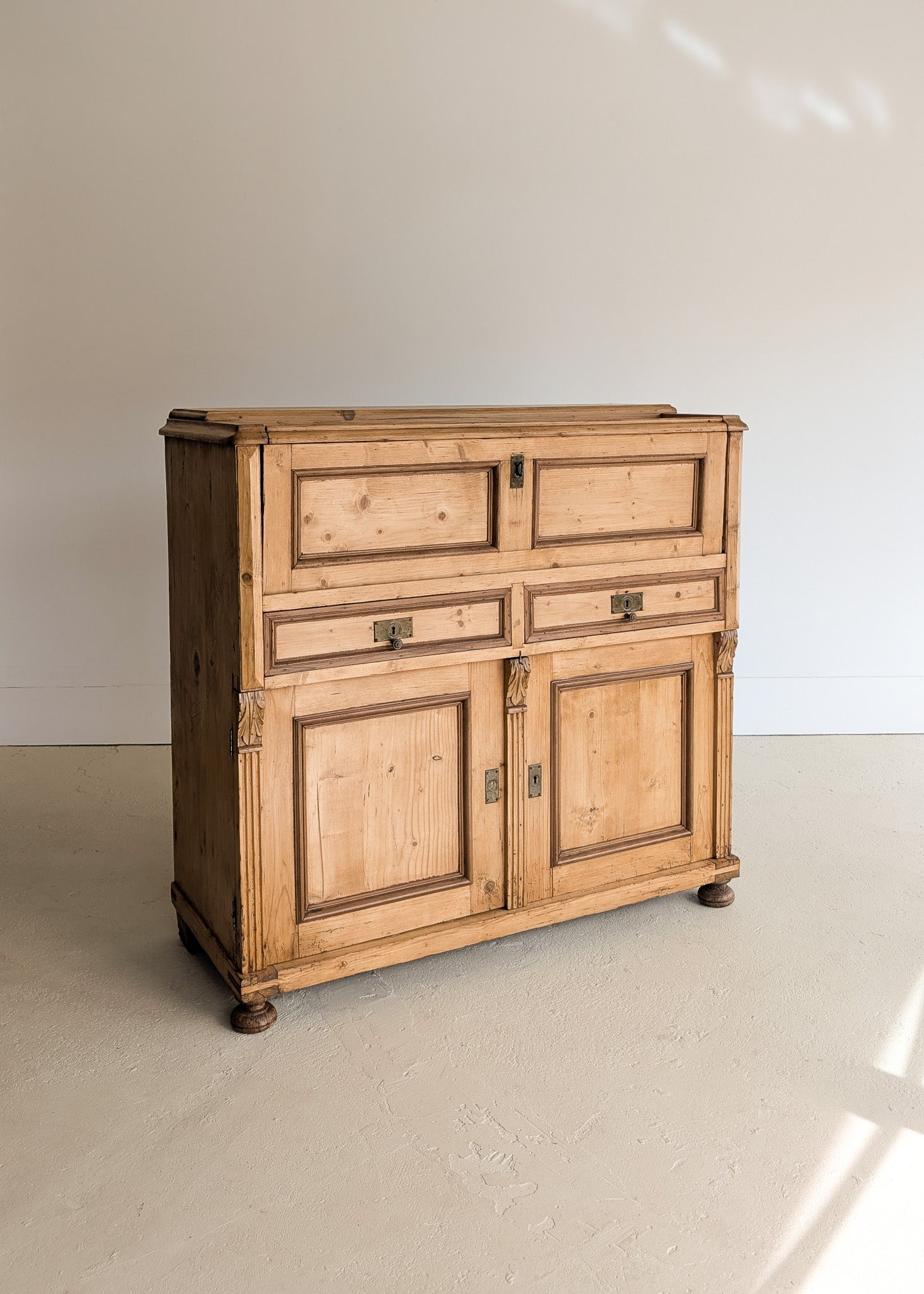 Antique European Pine Secretary with Two-Tone Trim and Original Skeleton Key