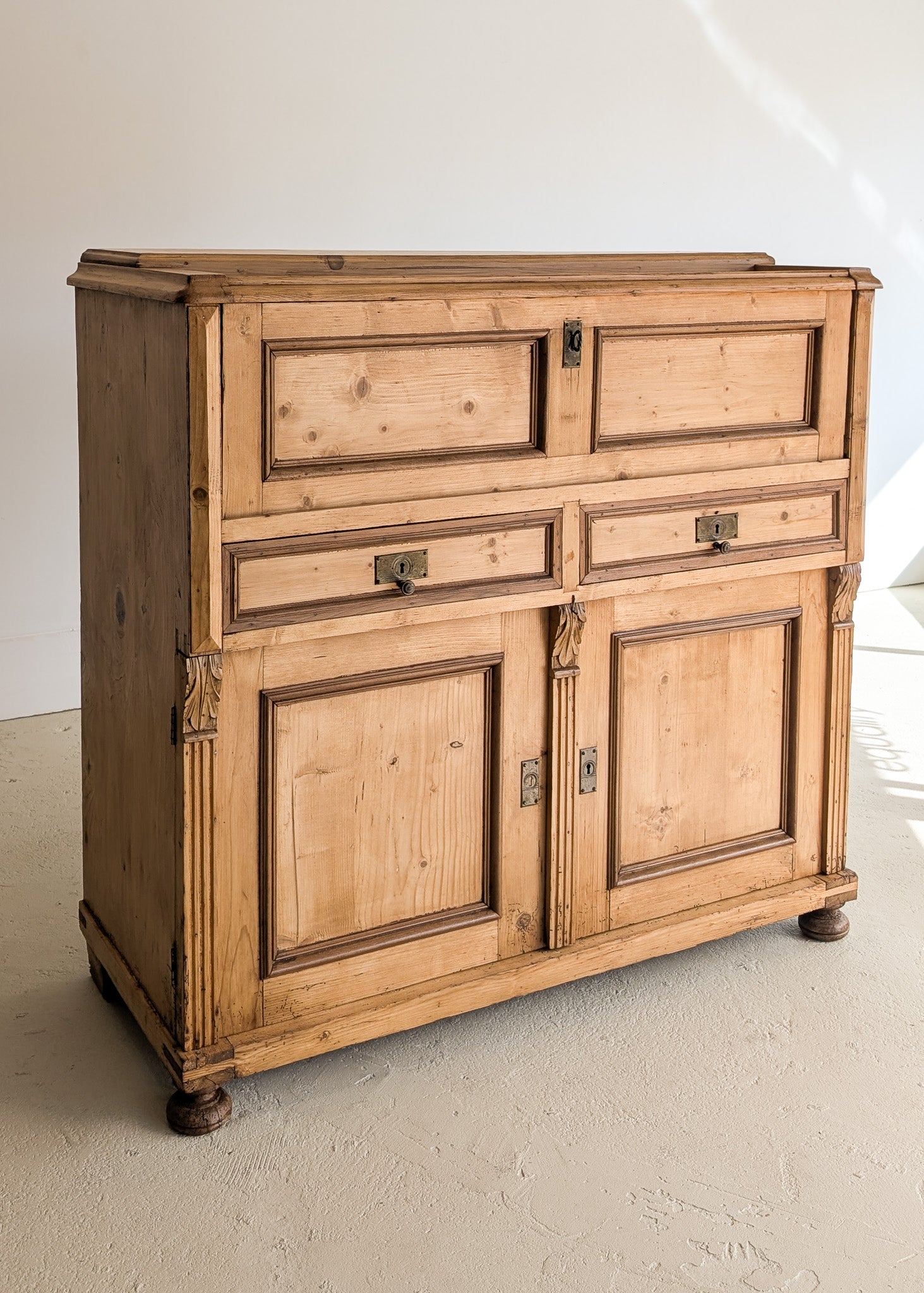 Antique European Pine Secretary with Two-Tone Trim and Original Skeleton Key