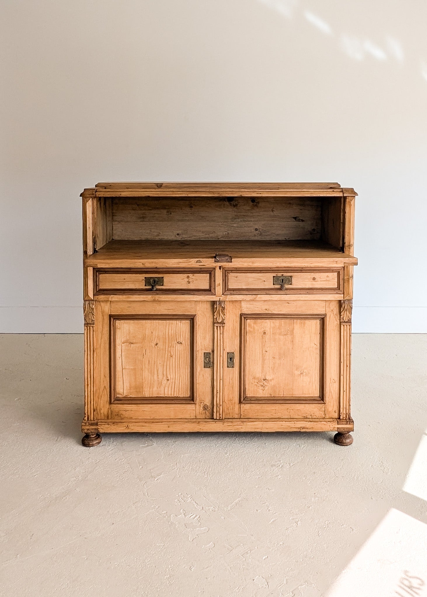 Antique European Pine Secretary with Two-Tone Trim and Original Skeleton Key
