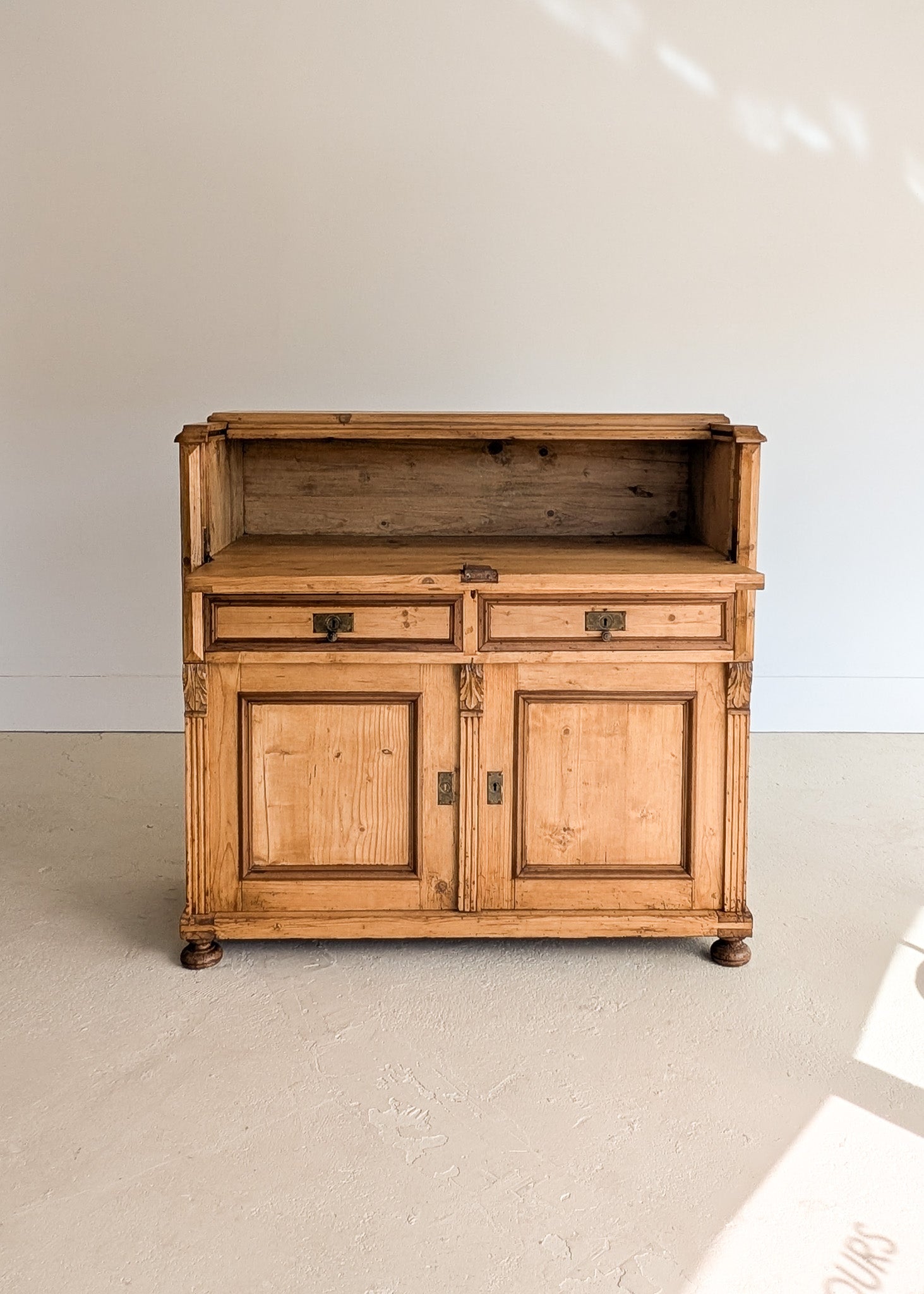 Antique European Pine Secretary with Two-Tone Trim and Original Skeleton Key
