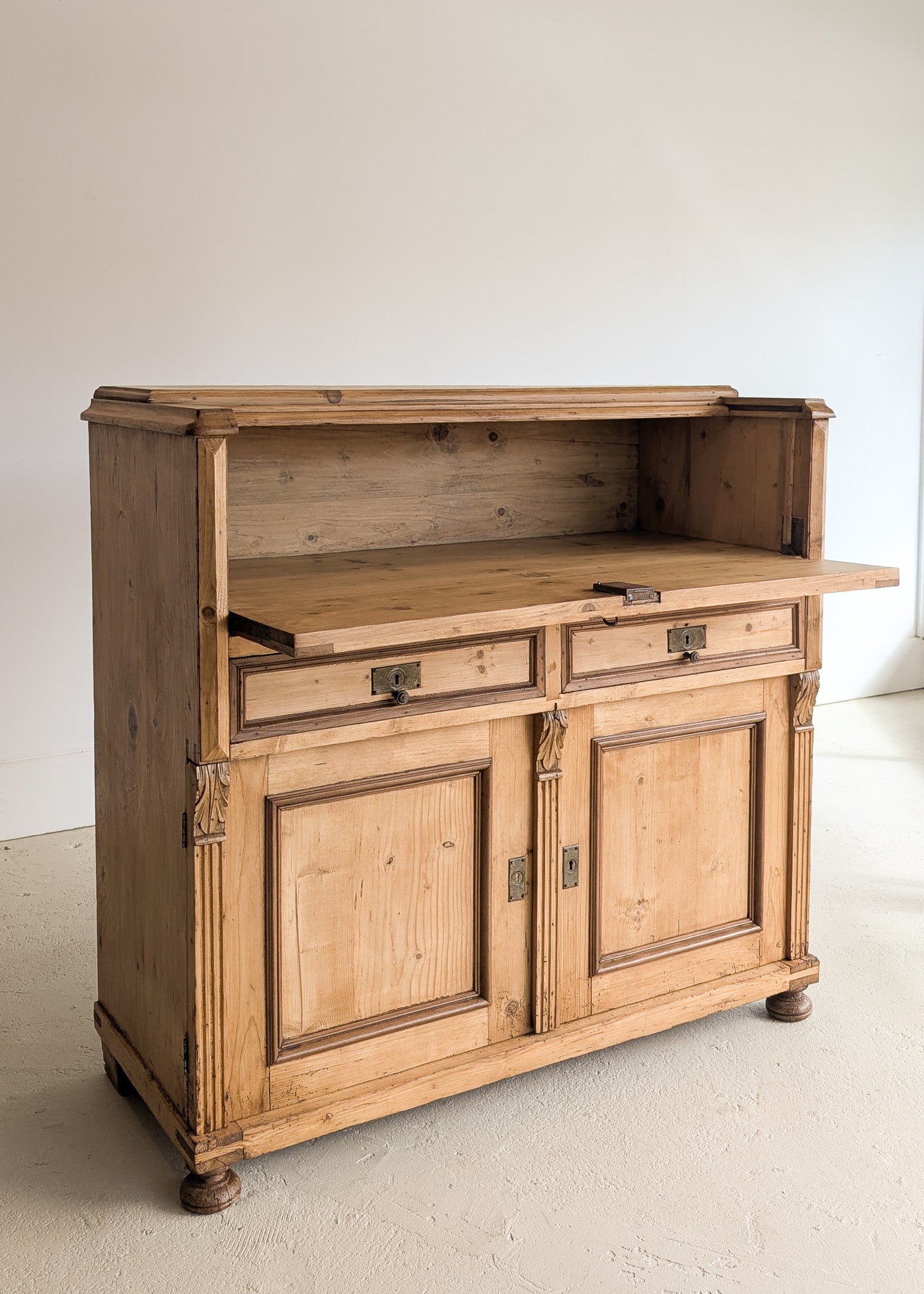 Antique European Pine Secretary with Two-Tone Trim and Original Skeleton Key