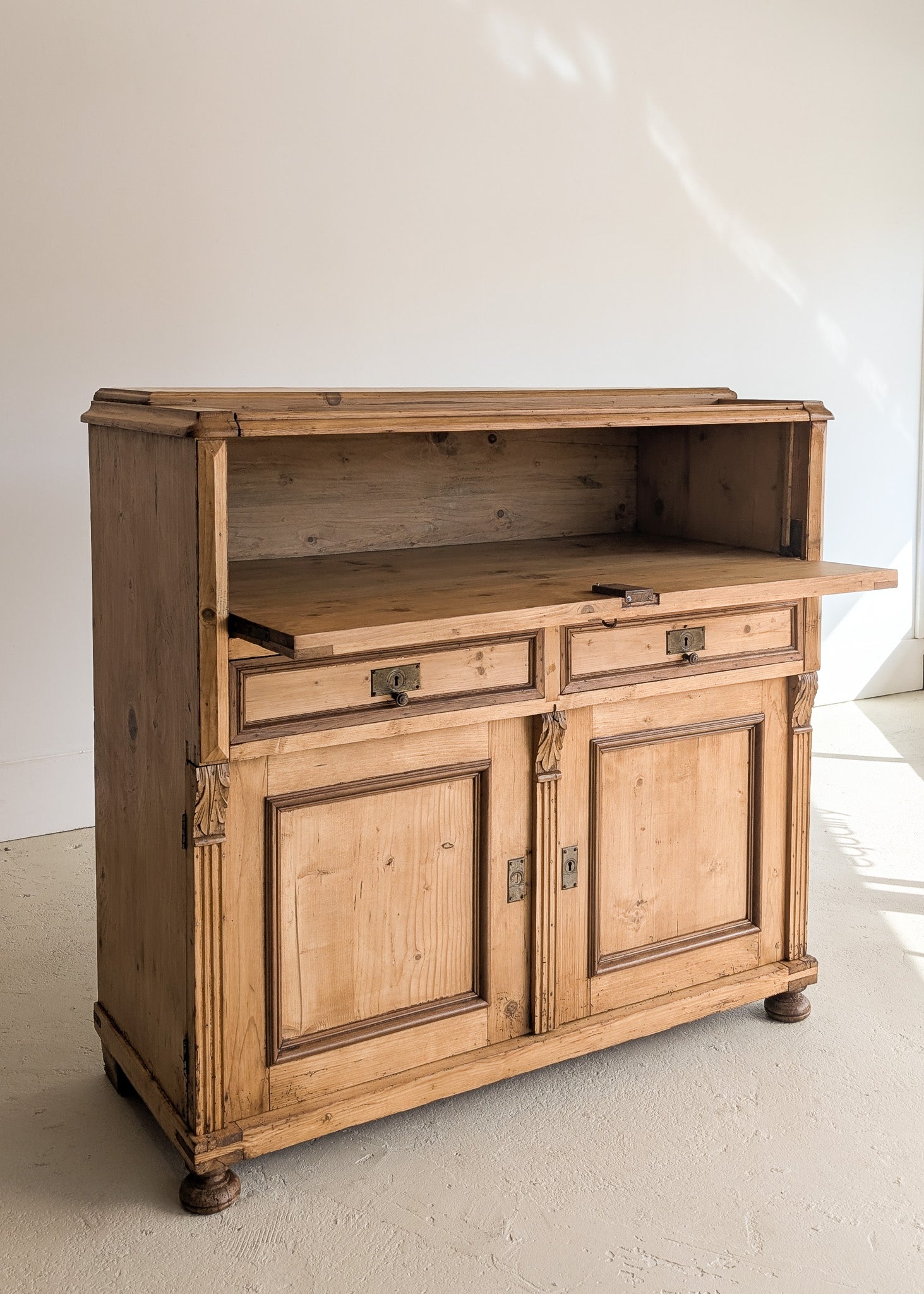 Antique European Pine Secretary with Two-Tone Trim and Original Skeleton Key