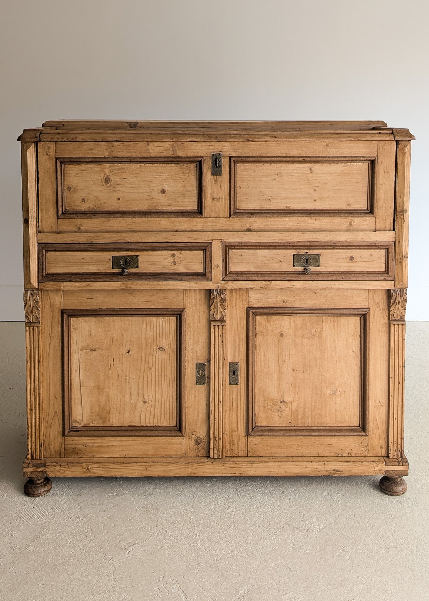Antique European Pine Secretary with Two-Tone Trim and Original Skeleton Key