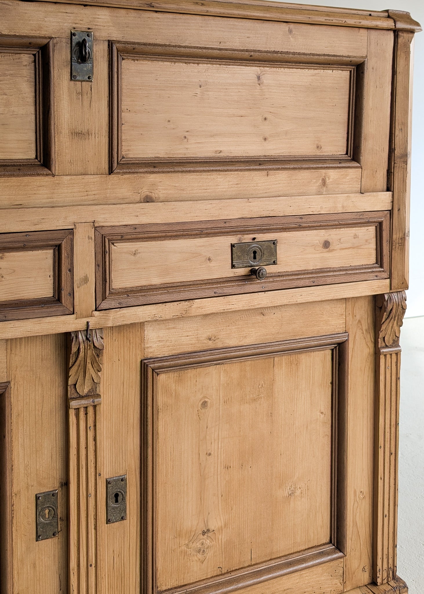 Antique European Pine Secretary with Two-Tone Trim and Original Skeleton Key