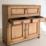Antique European Pine Secretary with Two-Tone Trim and Original Skeleton Key