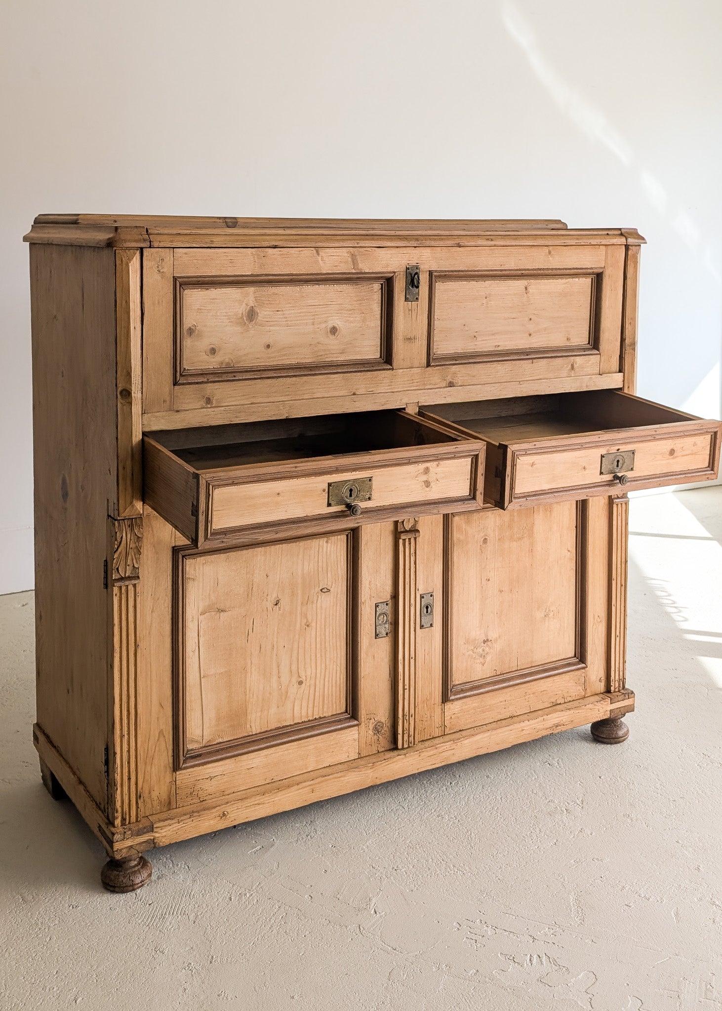 Antique European Pine Secretary with Two-Tone Trim and Original Skeleton Key