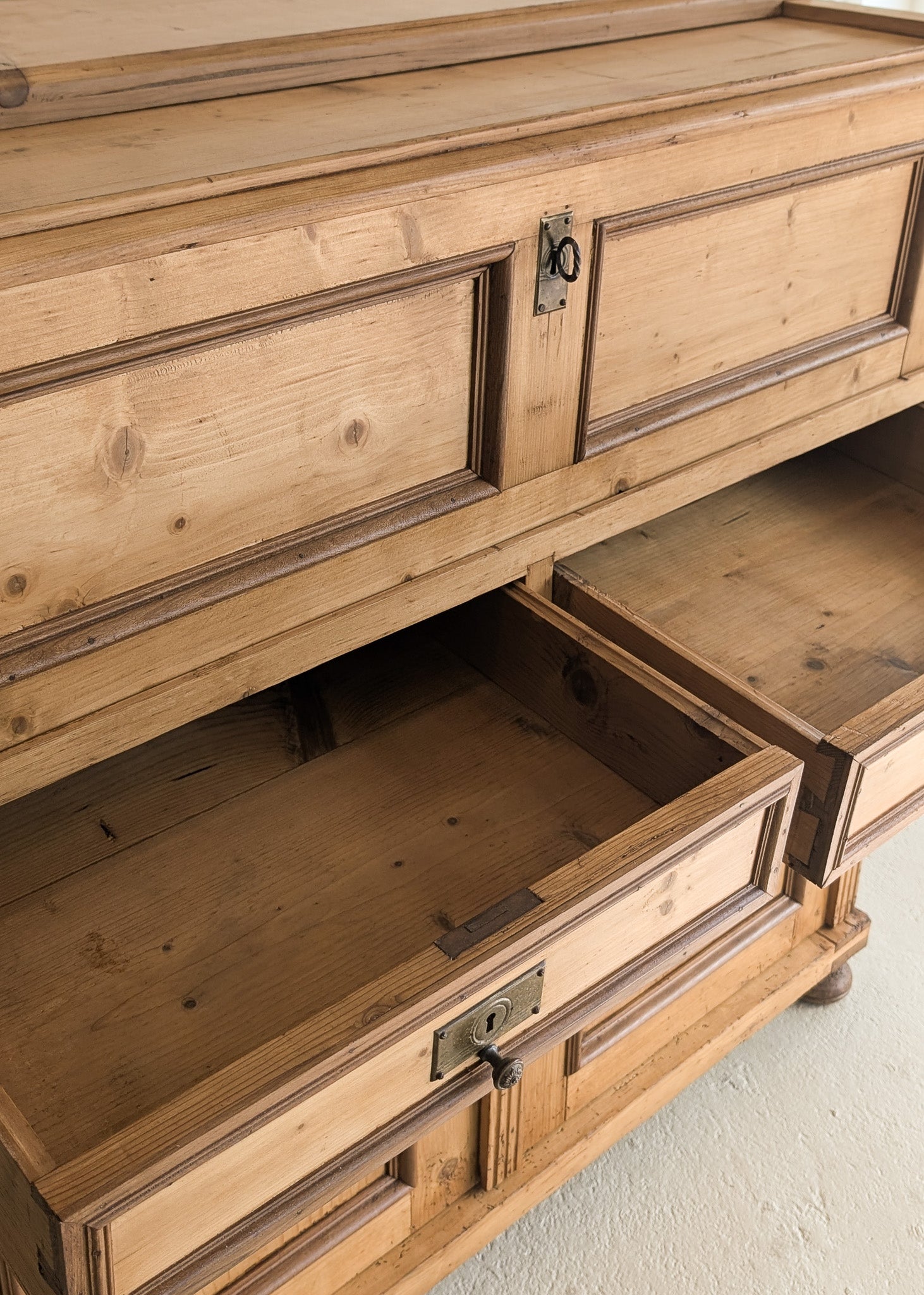 Antique European Pine Secretary with Two-Tone Trim and Original Skeleton Key