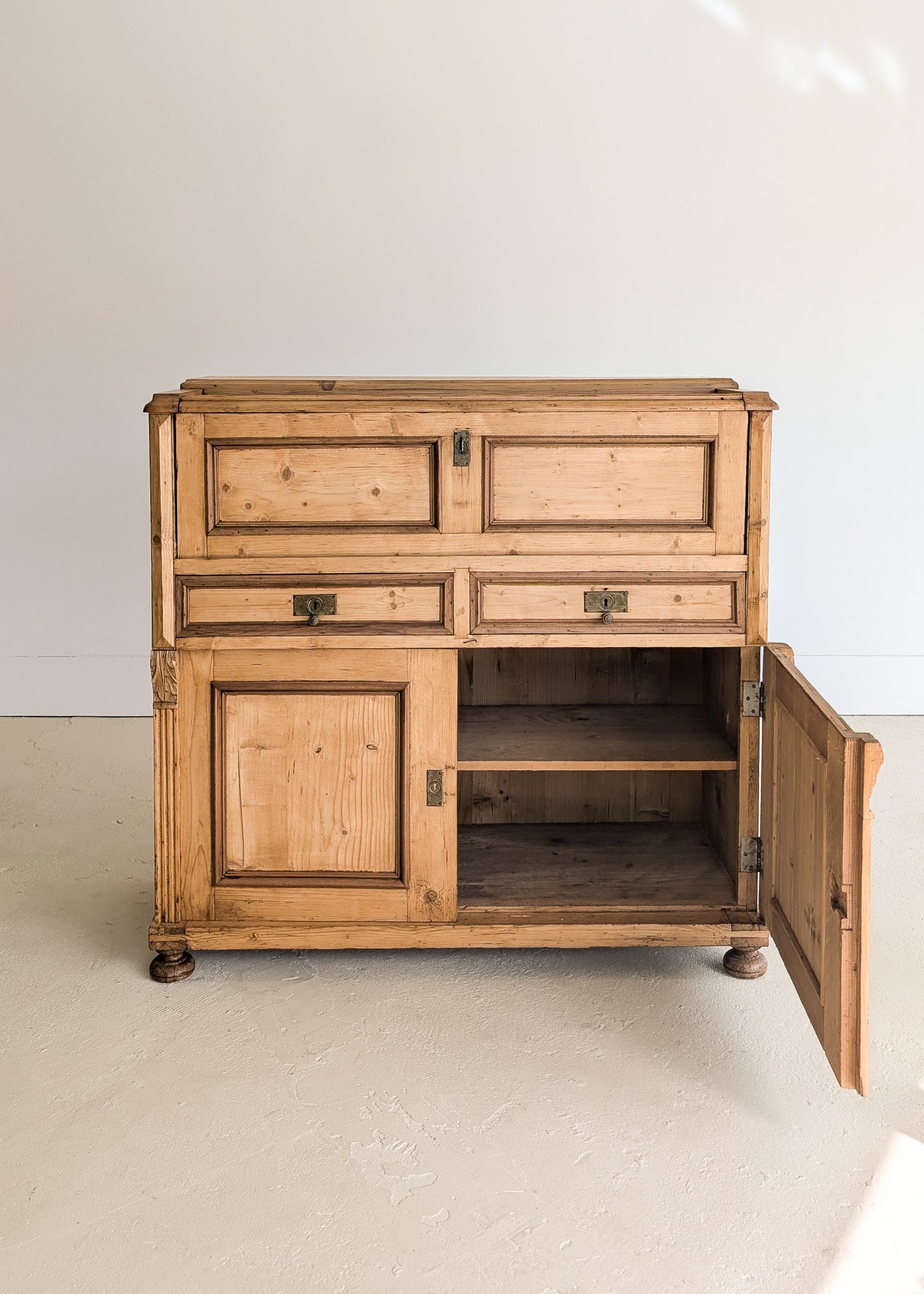 Antique European Pine Secretary with Two-Tone Trim and Original Skeleton Key