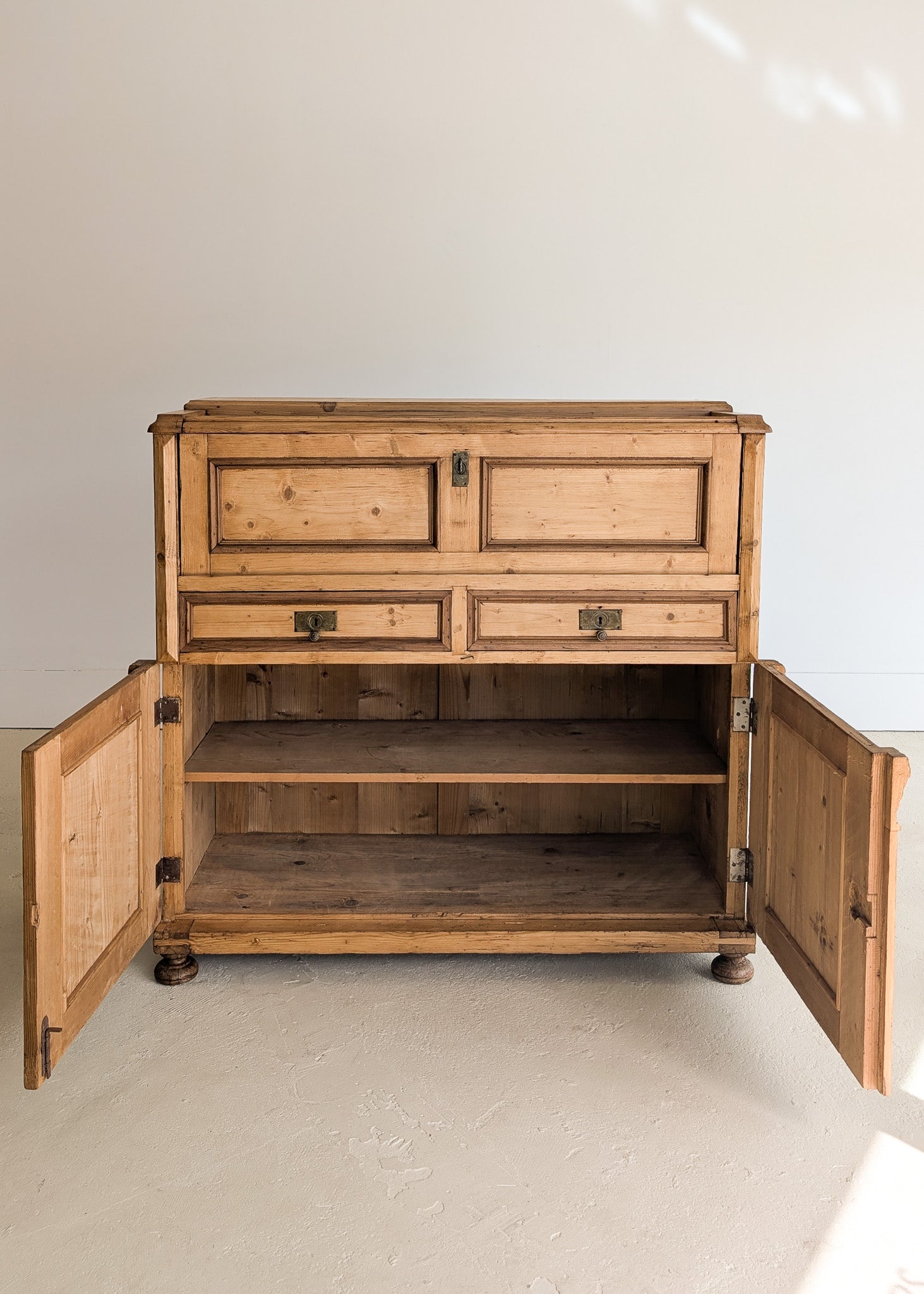 Antique European Pine Secretary with Two-Tone Trim and Original Skeleton Key