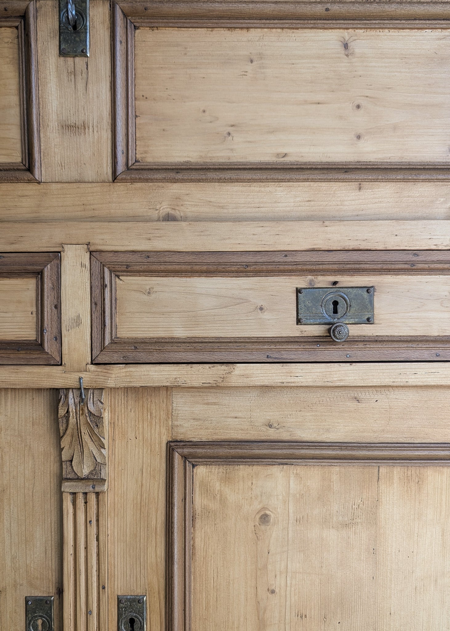 Antique European Pine Secretary with Two-Tone Trim and Original Skeleton Key