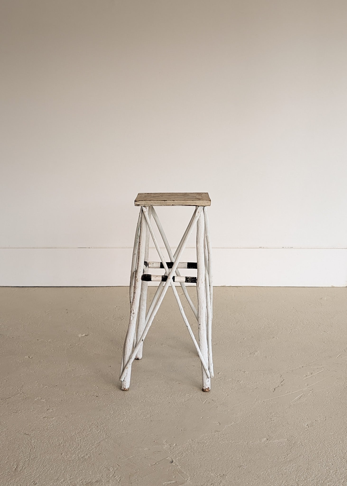 Vintage White and Black Striped Primitive Folk Art Adirondack Twig Side Table