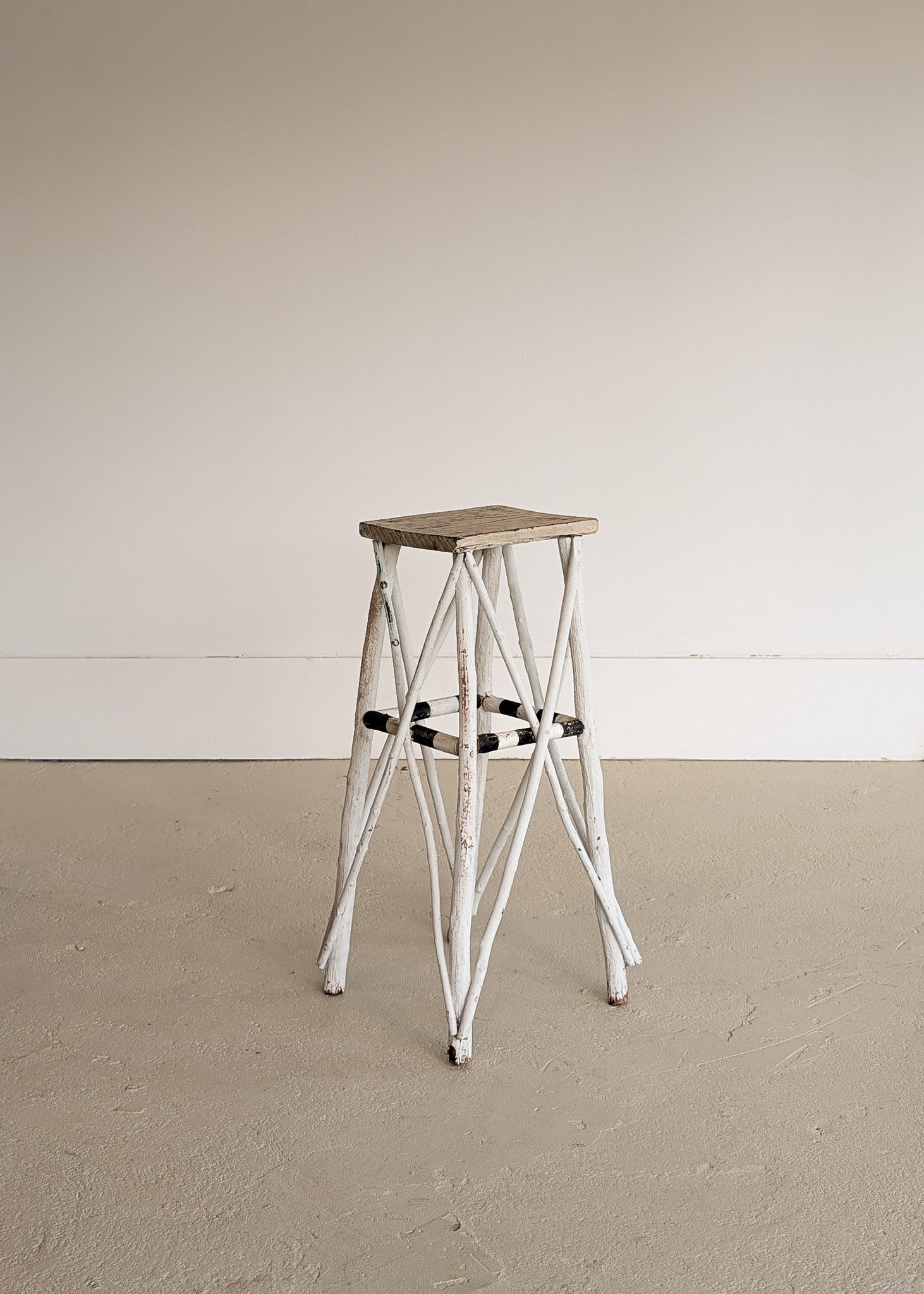 Vintage White and Black Striped Primitive Folk Art Adirondack Twig Side Table