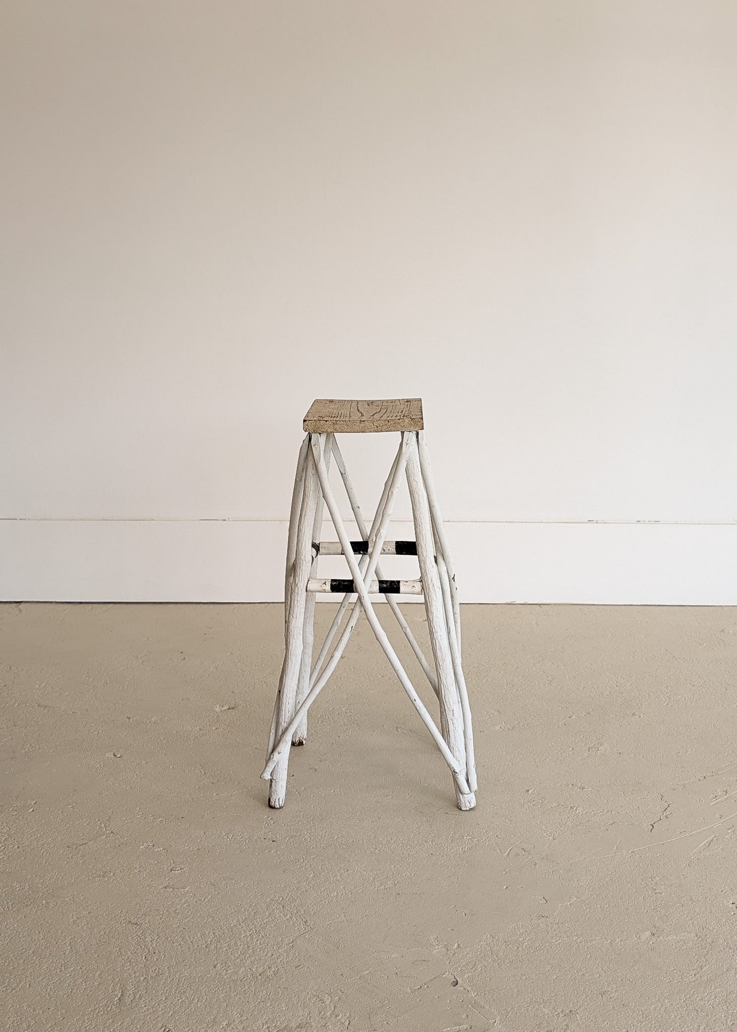 Vintage White and Black Striped Primitive Folk Art Adirondack Twig Side Table