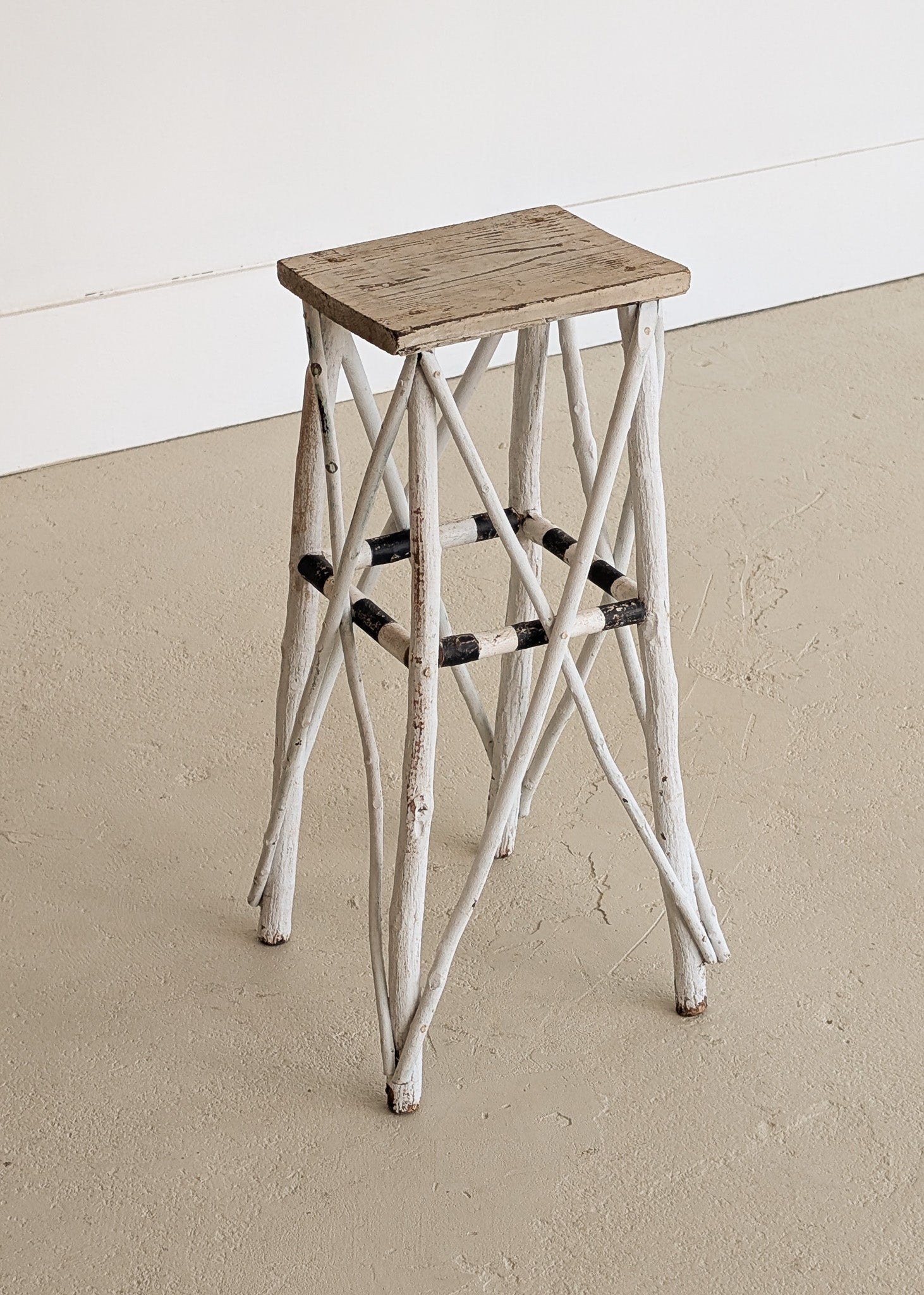 Vintage White and Black Striped Primitive Folk Art Adirondack Twig Side Table