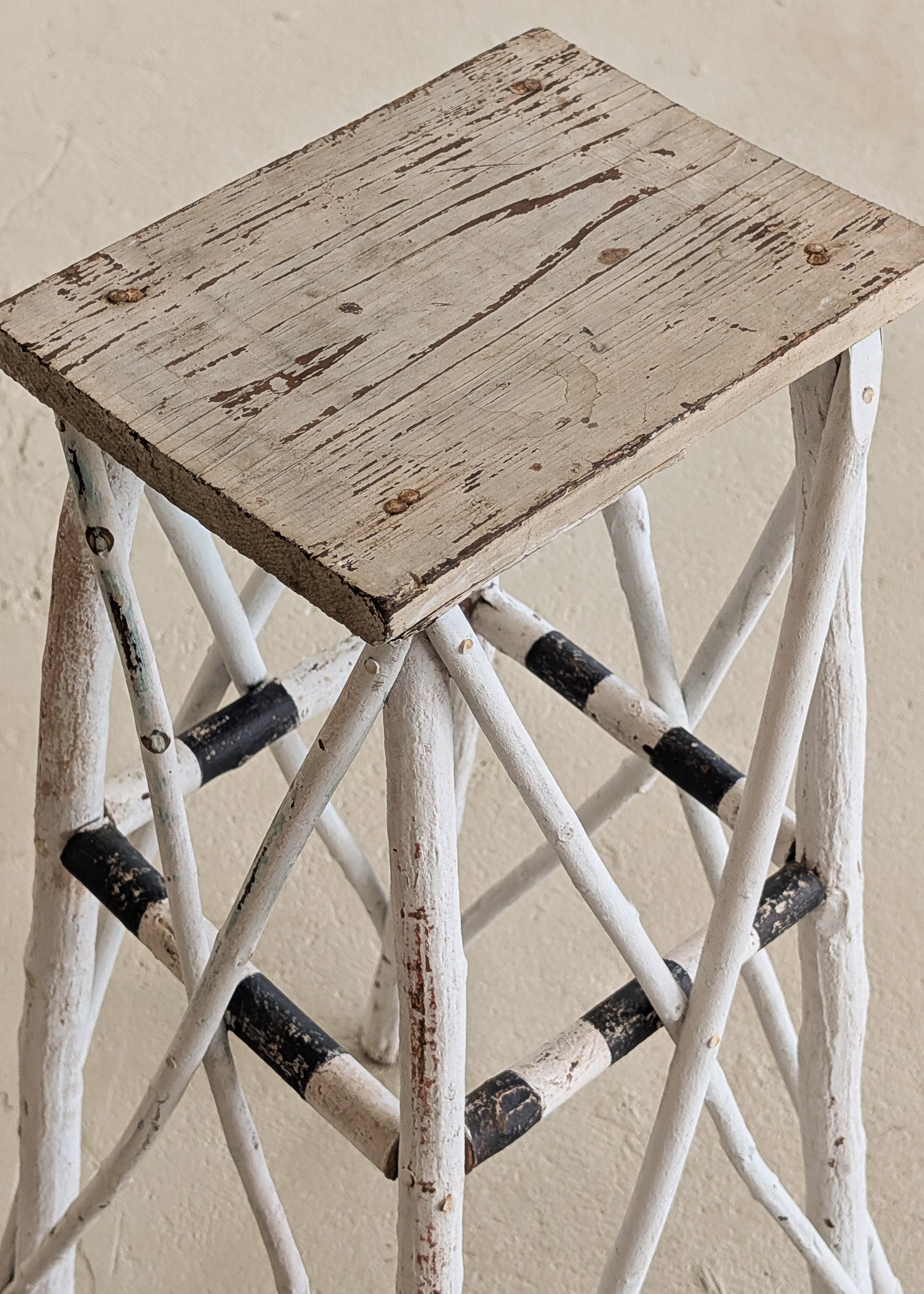 Vintage White and Black Striped Primitive Folk Art Adirondack Twig Side Table