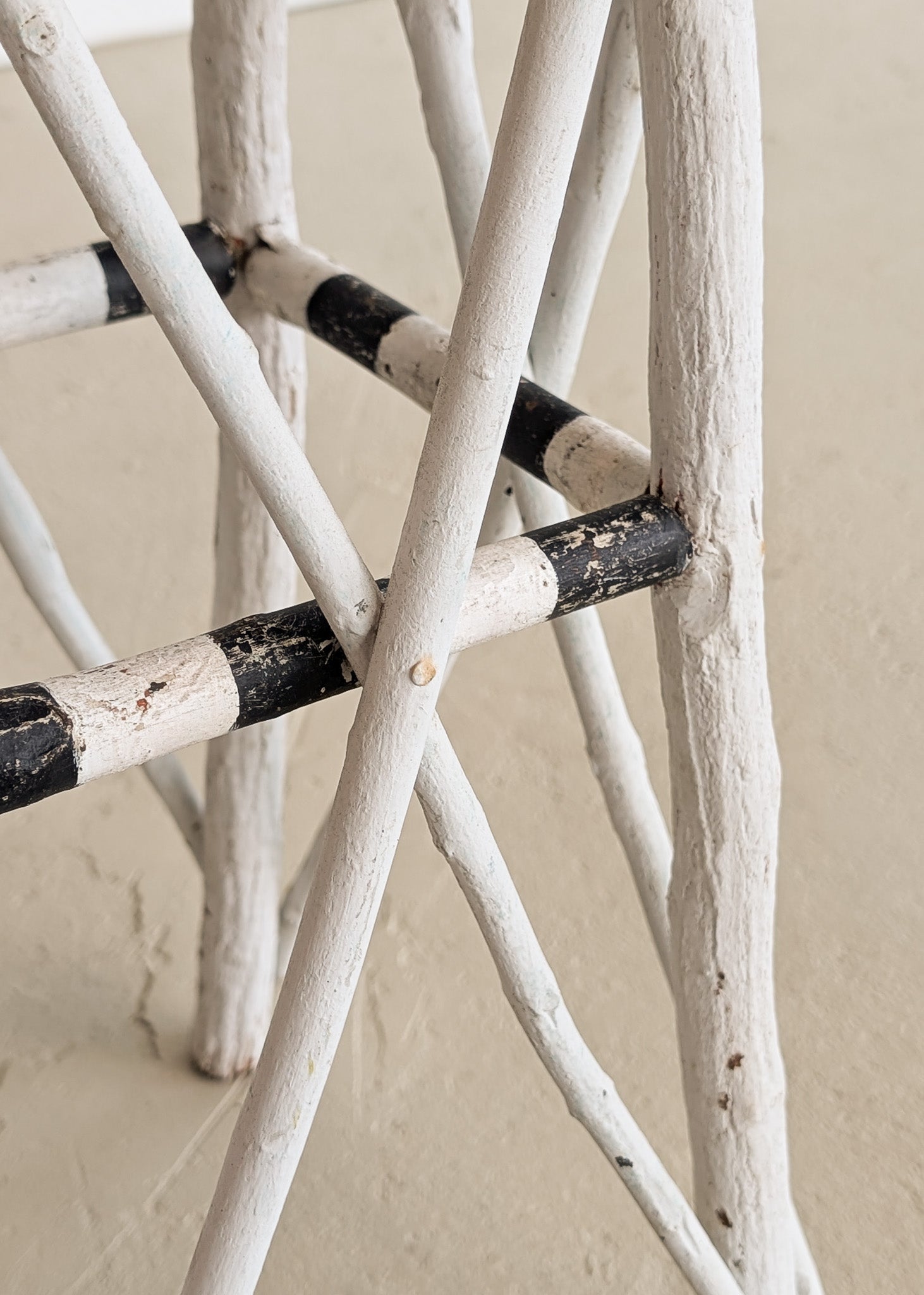 Vintage White and Black Striped Primitive Folk Art Adirondack Twig Side Table