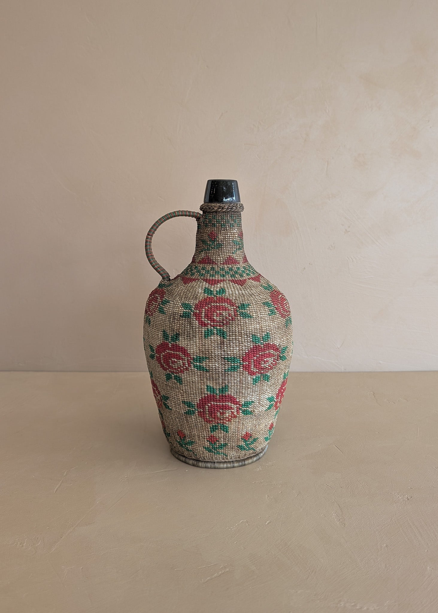 Vintage 1950s-1960s Hungarian Folk Art Woven Wire Scoubidou "Defiance" Bottle with Rose Motif