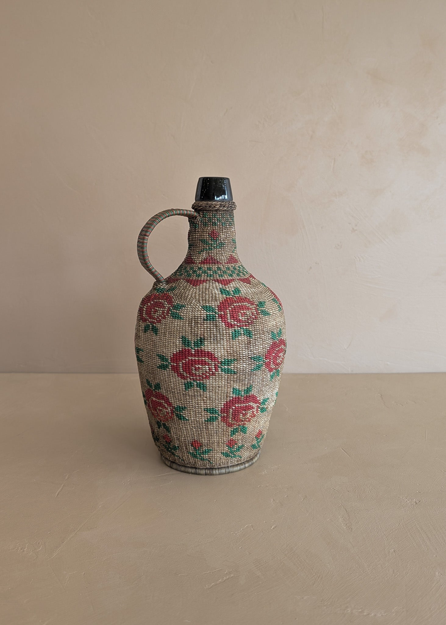 Vintage 1950s-1960s Hungarian Folk Art Woven Wire Scoubidou "Defiance" Bottle with Rose Motif