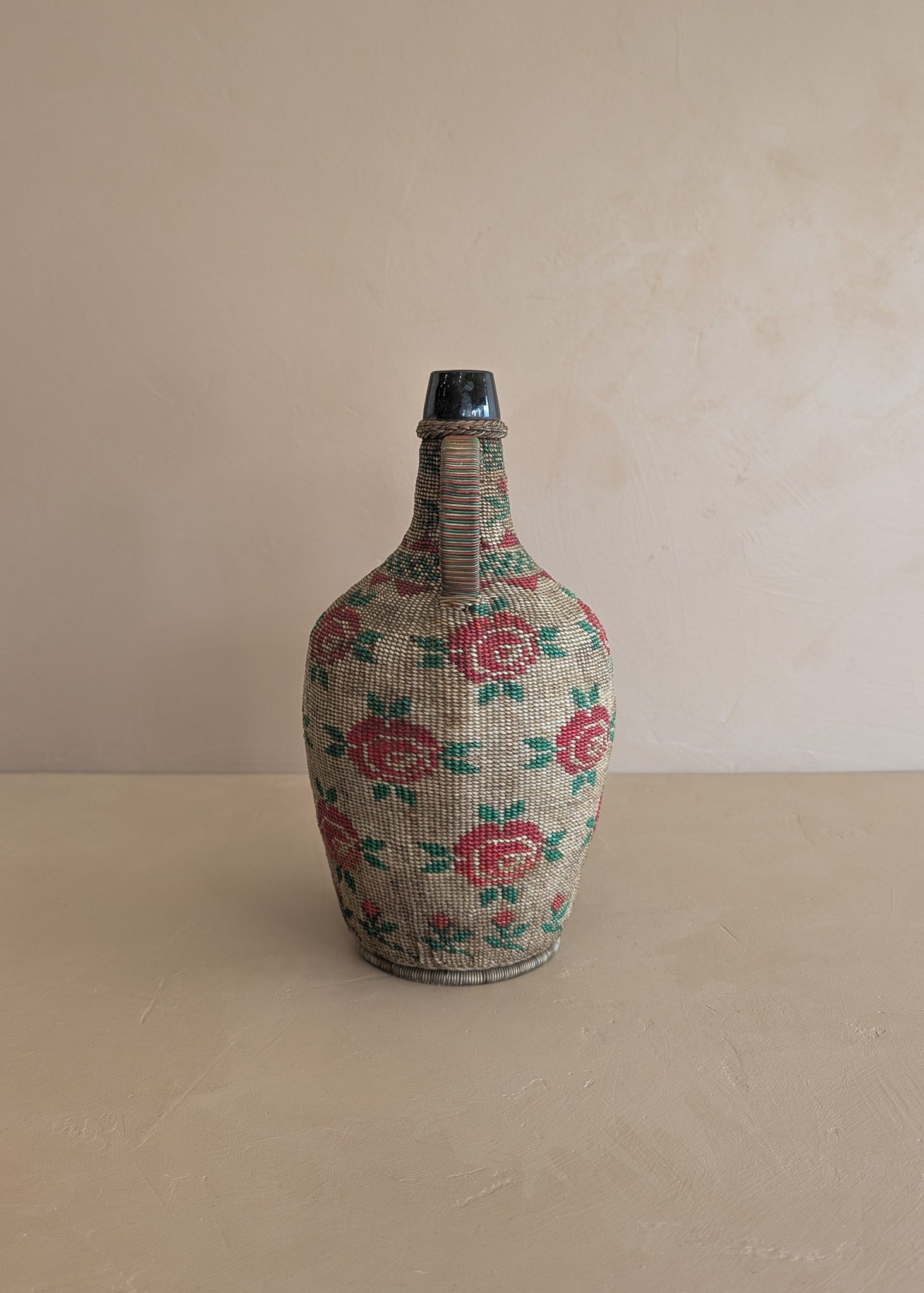Vintage 1950s-1960s Hungarian Folk Art Woven Wire Scoubidou "Defiance" Bottle with Rose Motif